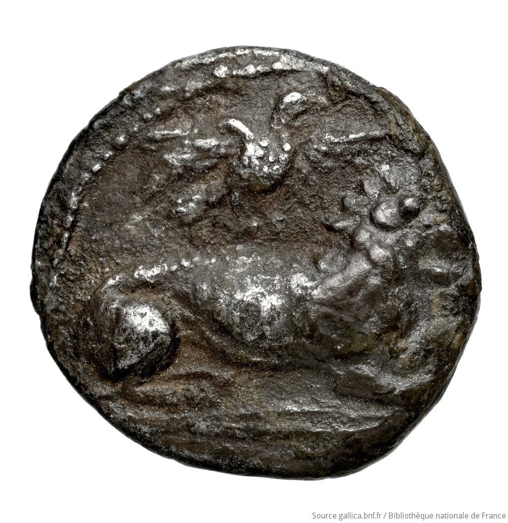 Εμπροσθότυπος 'SilCoinCy A4571, Waddington, acc.no.: Babelon 730E. Silver coin of king Pyrwos of Amathous c. 385 BC - . Weight: 6.64g, Axis: 1h, Diameter: 19mm. Obverse type: Lion lying right, jaws open on double exergual line; above, eagle flying right. Below line: cypriot syllabic inscription. Obverse symbol: -. Obverse legend: - in -. Reverse type: Forepart of lion right, jaws open: border of dots.. Reverse symbol: -. Reverse legend: - in -. 'Catalogue des monnaies grecques de la Bibliothèque Nationale: les Perses Achéménides, les satrapes et les dynastes tributaires de leur empire: Cypre et la Phénicie', 'Inventaire de la Collection Waddington'.