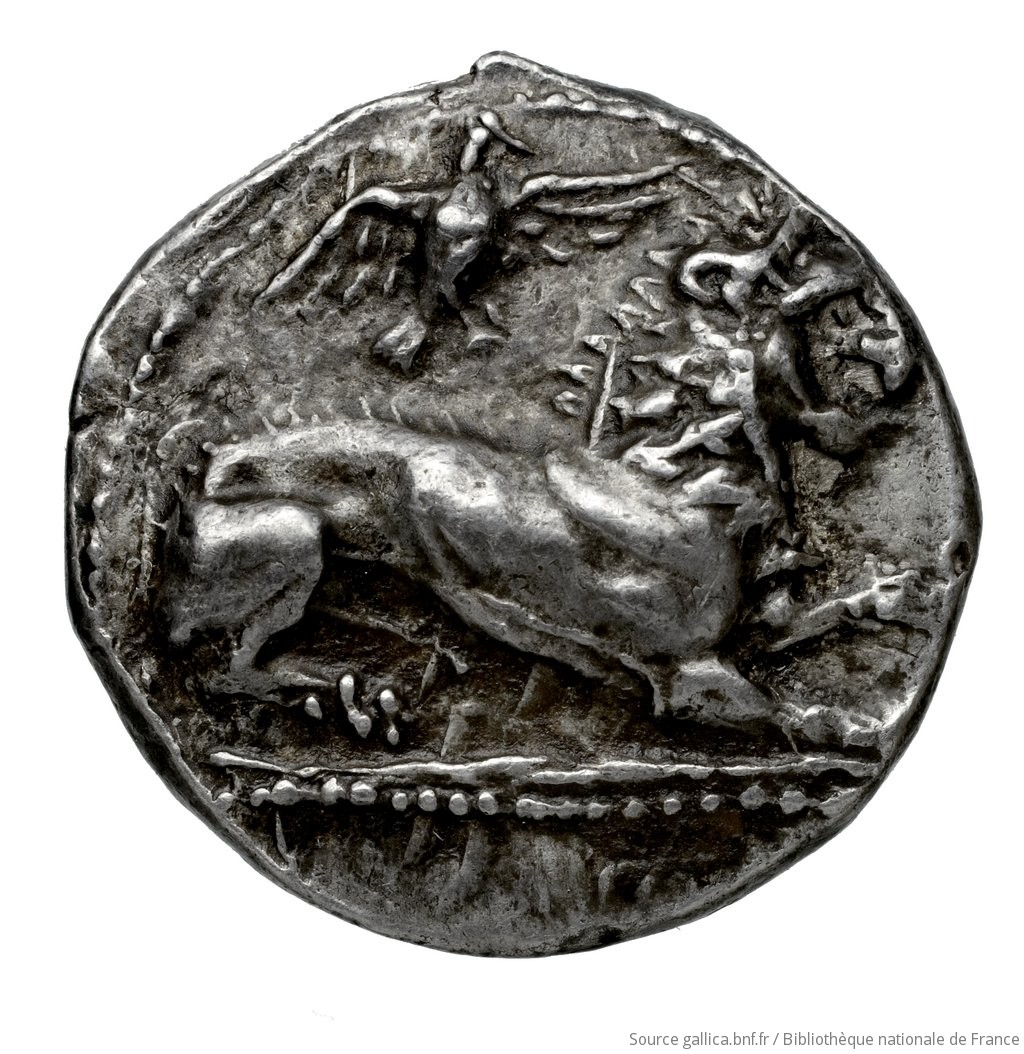 Obverse 'SilCoinCy A4572, Fonds général, acc.no.: Babelon 731. Silver coin of king Zotimos of Amathous 385/380 BC. Weight: 6.59g, Axis: 3h, Diameter: 20mm. Obverse type: Lion lying right, jaws open on double exergual line; above, eagle flying right. Below line: cypriot syllabic inscription. Obverse symbol: -. Obverse legend: zo-ti-mo in Cypriot syllabic. Reverse type: Forepart of lion right, jaws open: border of dots.. Reverse symbol: -. Reverse legend: zo-ti-mo in Cypriot syllabic. 'Catalogue des monnaies grecques de la Bibliothèque Nationale: les Perses Achéménides, les satrapes et les dynastes tributaires de leur empire: Cypre et la Phénicie'.