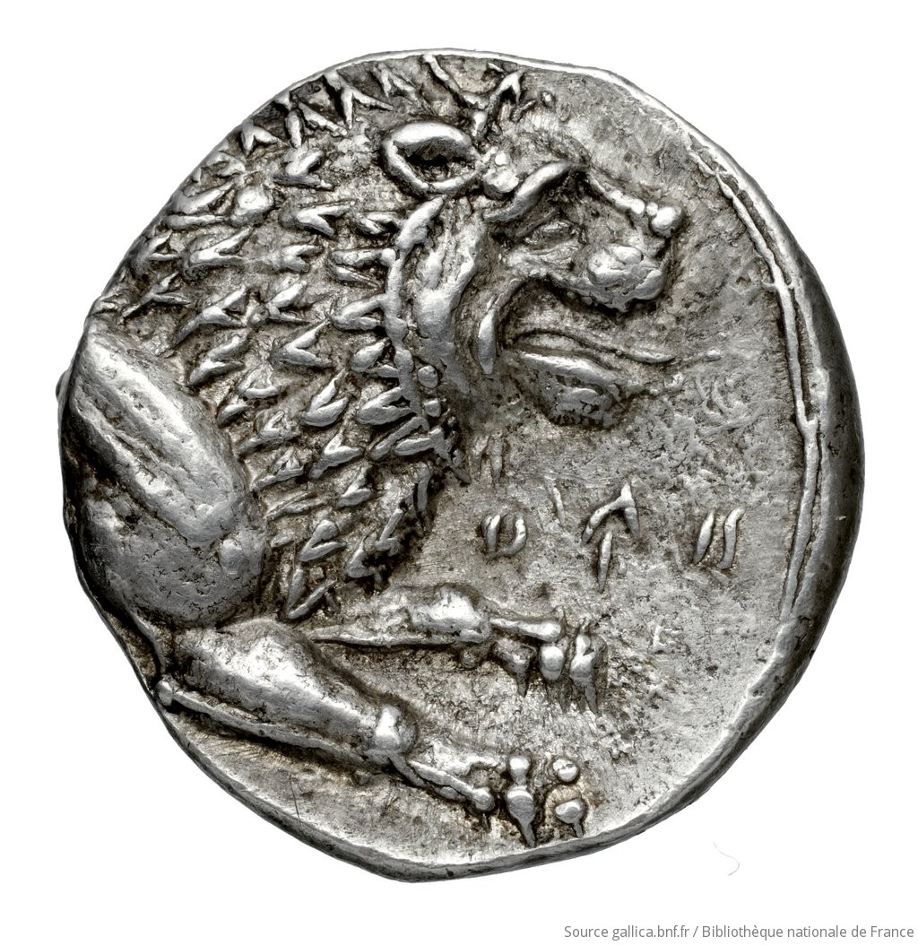Οπισθότυπος 'SilCoinCy A4572, Fonds général, acc.no.: Babelon 731. Silver coin of king Zotimos of Amathous 385/380 BC. Weight: 6.59g, Axis: 3h, Diameter: 20mm. Obverse type: Lion lying right, jaws open on double exergual line; above, eagle flying right. Below line: cypriot syllabic inscription. Obverse symbol: -. Obverse legend: zo-ti-mo in Cypriot syllabic. Reverse type: Forepart of lion right, jaws open: border of dots.. Reverse symbol: -. Reverse legend: zo-ti-mo in Cypriot syllabic. 'Catalogue des monnaies grecques de la Bibliothèque Nationale: les Perses Achéménides, les satrapes et les dynastes tributaires de leur empire: Cypre et la Phénicie'.