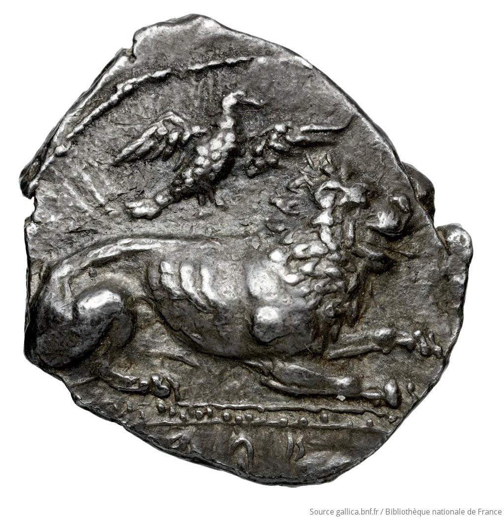 Obverse 'SilCoinCy A4573, Fonds général, acc.no.: Babelon 732. Silver coin of king Zotimos of Amathous 385/380 BC. Weight: 6.62g, Axis: 9h, Diameter: 22mm. Obverse type: Lion lying right, jaws open on double exergual line; above, eagle flying right. Below line: cypriot syllabic inscription. Obverse symbol: -. Obverse legend: zo-ti-mo in Cypriot syllabic. Reverse type: Forepart of lion right, jaws open: border of dots.. Reverse symbol: -. Reverse legend: zo-ti-mo in Cypriot syllabic. 'Catalogue des monnaies grecques de la Bibliothèque Nationale: les Perses Achéménides, les satrapes et les dynastes tributaires de leur empire: Cypre et la Phénicie'.