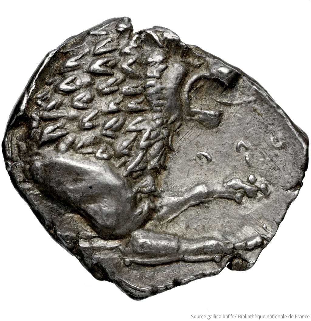 Reverse 'SilCoinCy A4573, Fonds général, acc.no.: Babelon 732. Silver coin of king Zotimos of Amathous 385/380 BC. Weight: 6.62g, Axis: 9h, Diameter: 22mm. Obverse type: Lion lying right, jaws open on double exergual line; above, eagle flying right. Below line: cypriot syllabic inscription. Obverse symbol: -. Obverse legend: zo-ti-mo in Cypriot syllabic. Reverse type: Forepart of lion right, jaws open: border of dots.. Reverse symbol: -. Reverse legend: zo-ti-mo in Cypriot syllabic. 'Catalogue des monnaies grecques de la Bibliothèque Nationale: les Perses Achéménides, les satrapes et les dynastes tributaires de leur empire: Cypre et la Phénicie'.