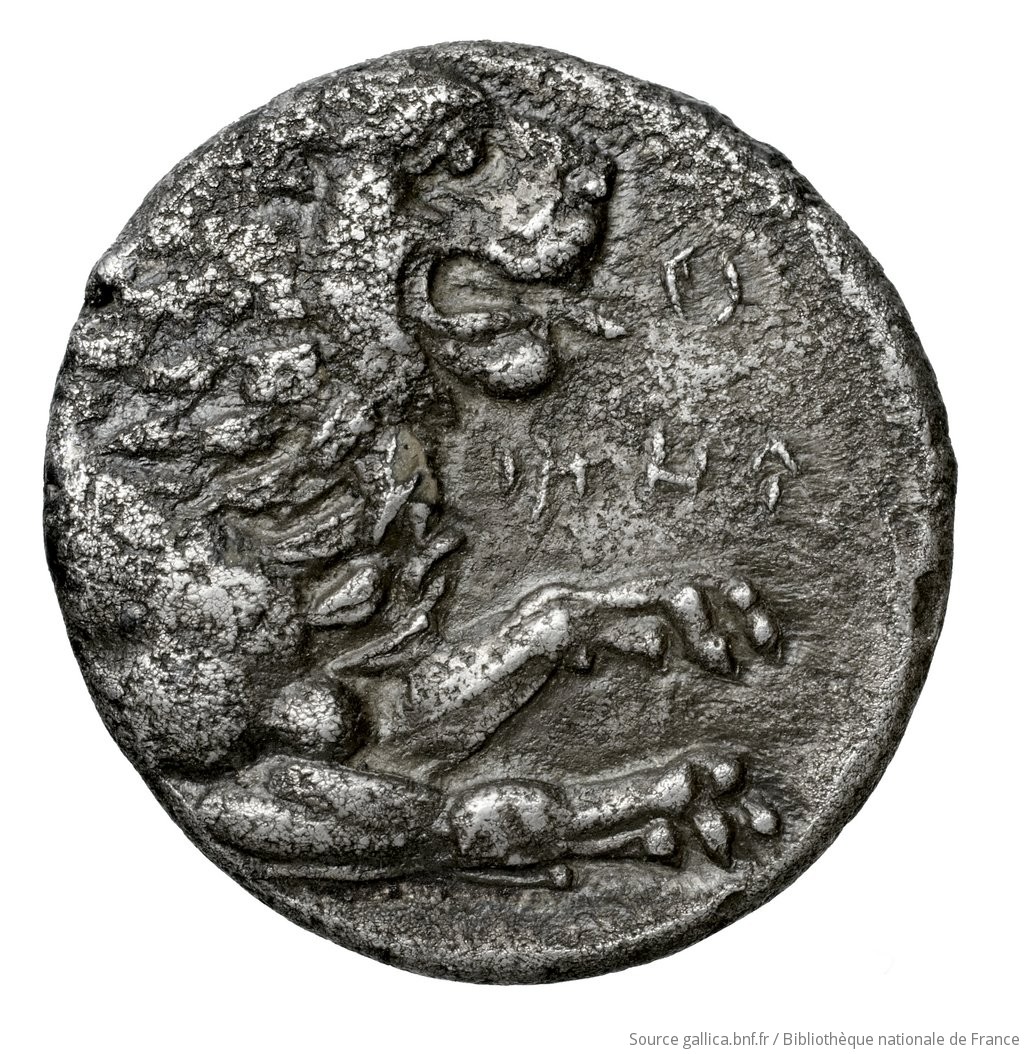 Οπισθότυπος 'SilCoinCy A4574, Fonds général, acc.no.: Babelon 730A. Silver coin of king (-)timos of Amathous 385/380 BC - . Weight: 6.36g, Axis: 5h, Diameter: 20mm. Obverse type: Lion lying right, jaws open, on dotted exergual line; above, eagle flying right. Legend on raised band. Obverse symbol: -. Obverse legend: - in -. Reverse type: Forepart of lion right, jaws open: border of dots.. Reverse symbol: -. Reverse legend: - in -. 'Catalogue des monnaies grecques de la Bibliothèque Nationale: les Perses Achéménides, les satrapes et les dynastes tributaires de leur empire: Cypre et la Phénicie'.