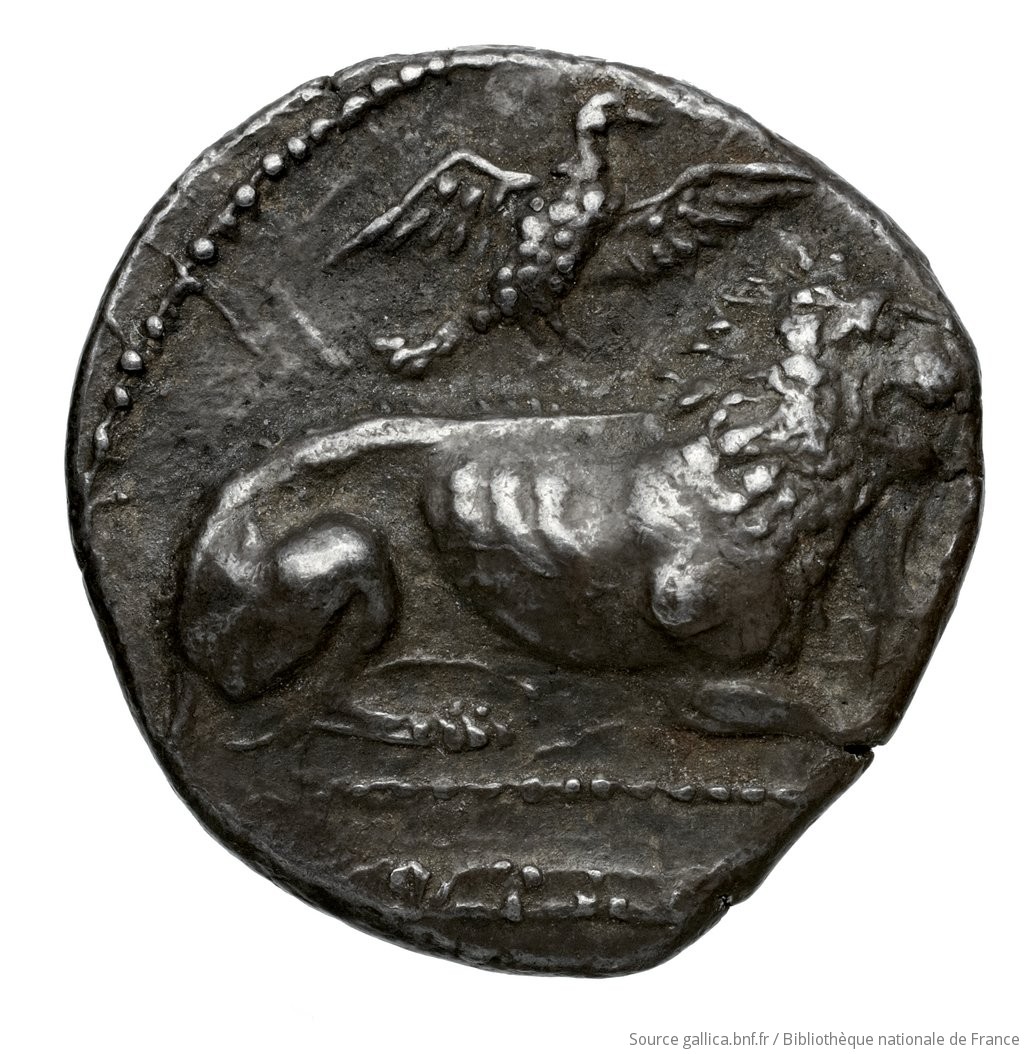 Obverse 'SilCoinCy A4575, Fonds général, acc.no.: Babelon 733. Silver coin of king (-)timos of Amathous 385/380 BC - . Weight: 6.71g, Axis: 12h, Diameter: 19mm. Obverse type: Lion lying right, jaws open, on dotted exergual line; above, eagle flying right. Legend on raised band. Obverse symbol: -. Obverse legend: - in Cypriot syllabic. Reverse type: Forepart of lion right, jaws open: border of dots.. Reverse symbol: -. Reverse legend: - in -. 'Catalogue des monnaies grecques de la Bibliothèque Nationale: les Perses Achéménides, les satrapes et les dynastes tributaires de leur empire: Cypre et la Phénicie'.