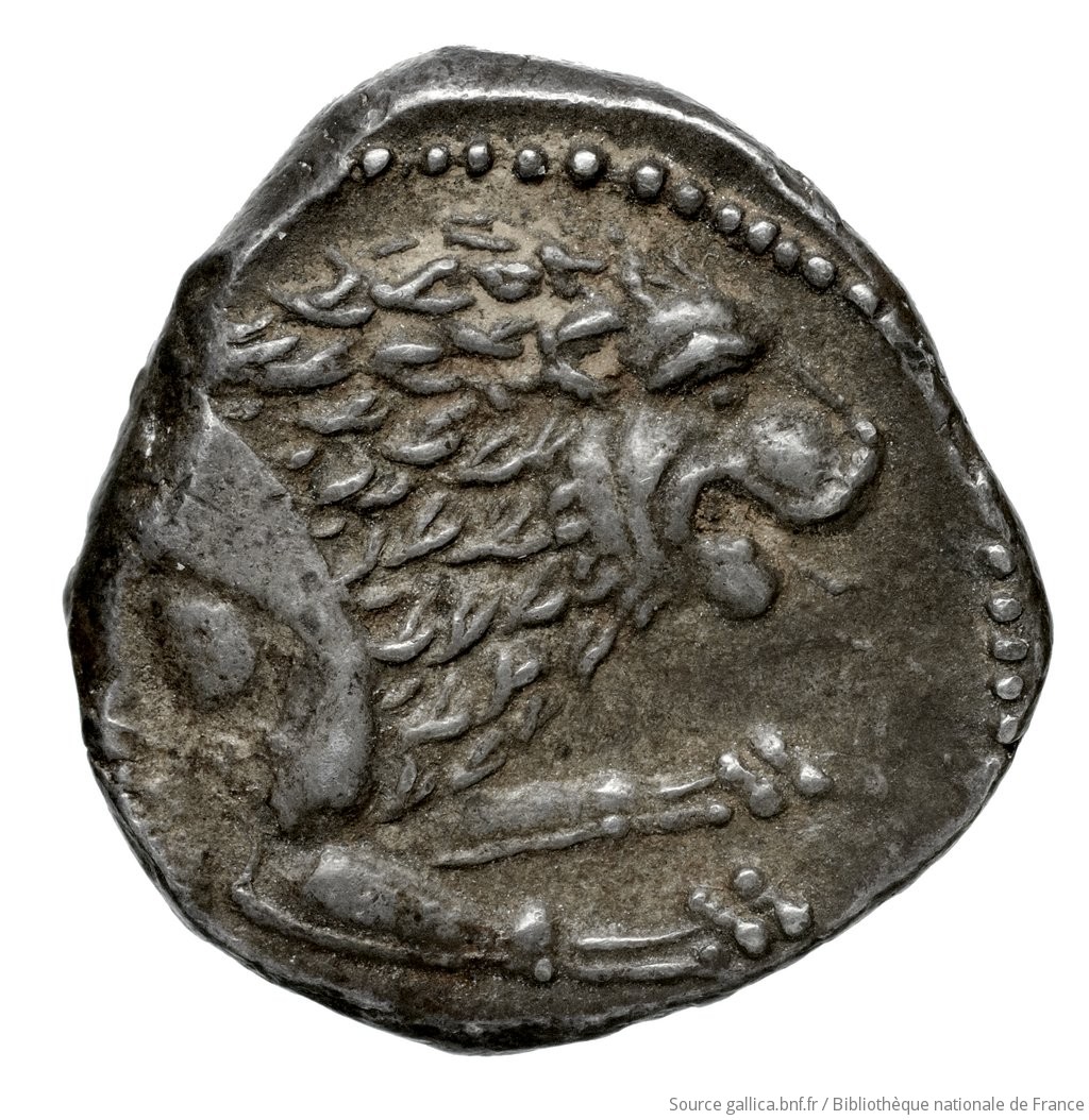 Οπισθότυπος 'SilCoinCy A4576, Fonds général, acc.no.: Babelon 734. Silver coin of king (-)timos of Amathous 385/380 BC - . Weight: 6.61g, Axis: 6h, Diameter: 19mm. Obverse type: Lion lying right, jaws open, on dotted exergual line; above, eagle flying right. Legend on raised band. Obverse symbol: -. Obverse legend: - in -. Reverse type: Forepart of lion right, jaws open: border of dots.. Reverse symbol: -. Reverse legend: - in -. 'Catalogue des monnaies grecques de la Bibliothèque Nationale: les Perses Achéménides, les satrapes et les dynastes tributaires de leur empire: Cypre et la Phénicie'.