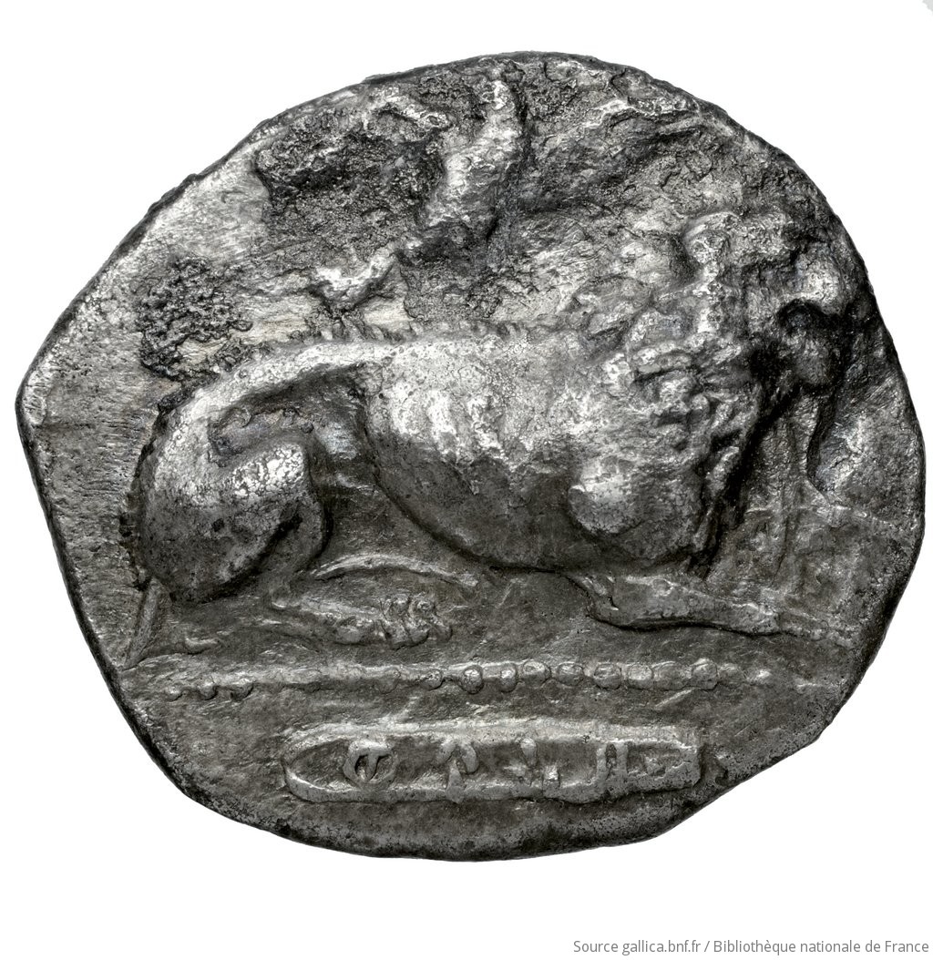 Εμπροσθότυπος 'SilCoinCy A4577, Fonds général, acc.no.: Babelon 730C. Silver coin of king Zotimos of Amathous 385/380 BC. Weight: 6.51g, Axis: 2h, Diameter: 21mm. Obverse type: Lion lying right, jaws open, on dotted exergual line; above, eagle flying right. Legend on raised band. Obverse symbol: -. Obverse legend: ??-ti-mo in Cypriot syllabic. Reverse type: Forepart of lion right, jaws open: border of dots.. Reverse symbol: -. Reverse legend: - in -. 'Catalogue des monnaies grecques de la Bibliothèque Nationale: les Perses Achéménides, les satrapes et les dynastes tributaires de leur empire: Cypre et la Phénicie'.