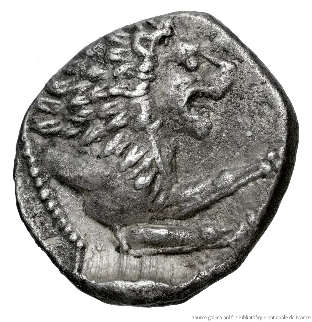 Οπισθότυπος 'SilCoinCy A4577, Fonds général, acc.no.: Babelon 730C. Silver coin of king Zotimos of Amathous 385/380 BC. Weight: 6.51g, Axis: 2h, Diameter: 21mm. Obverse type: Lion lying right, jaws open, on dotted exergual line; above, eagle flying right. Legend on raised band. Obverse symbol: -. Obverse legend: ??-ti-mo in Cypriot syllabic. Reverse type: Forepart of lion right, jaws open: border of dots.. Reverse symbol: -. Reverse legend: - in -. 'Catalogue des monnaies grecques de la Bibliothèque Nationale: les Perses Achéménides, les satrapes et les dynastes tributaires de leur empire: Cypre et la Phénicie'.