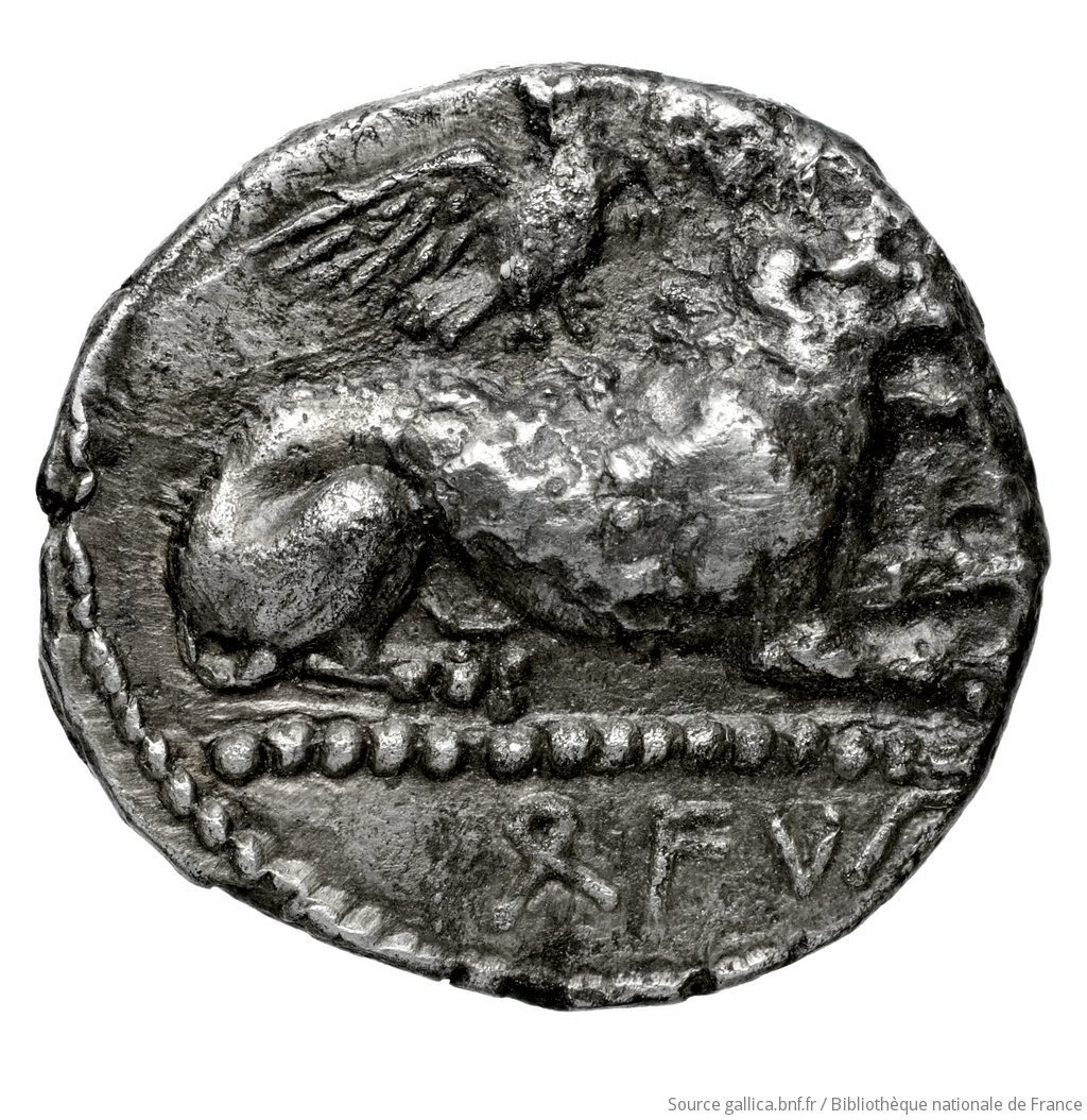 Obverse 'SilCoinCy A4578, Fonds général, acc.no.: Babelon 736A. Silver coin of king Lysandros of Amathous 380/370 BC - . Weight: 6.41g, Axis: 5h, Diameter: 19mm. Obverse type: Lion lying right, jaws open on double exergual line; above, eagle flying right. Below line: cypriot syllabic inscription. Obverse symbol: -. Obverse legend: ly-sa-to-ro in Cypriot syllabic. Reverse type: Forepart of lion right, jaws open: border of dots.. Reverse symbol: -. Reverse legend: ly-sa-to-ro in Cypriot syllabic. 'Catalogue des monnaies grecques de la Bibliothèque Nationale: les Perses Achéménides, les satrapes et les dynastes tributaires de leur empire: Cypre et la Phénicie'.