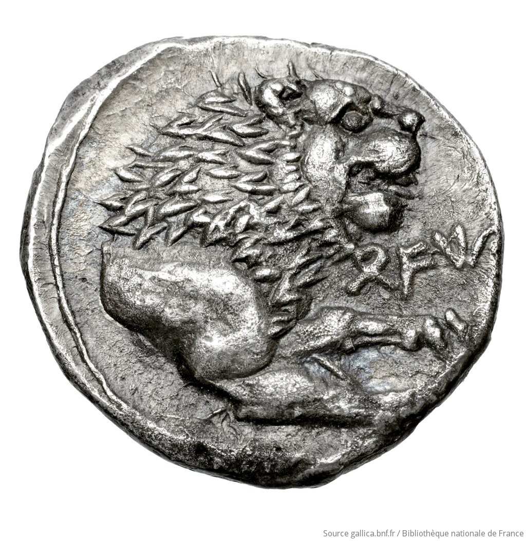 Οπισθότυπος 'SilCoinCy A4578, Fonds général, acc.no.: Babelon 736A. Silver coin of king Lysandros of Amathous 380/370 BC - . Weight: 6.41g, Axis: 5h, Diameter: 19mm. Obverse type: Lion lying right, jaws open on double exergual line; above, eagle flying right. Below line: cypriot syllabic inscription. Obverse symbol: -. Obverse legend: ly-sa-to-ro in Cypriot syllabic. Reverse type: Forepart of lion right, jaws open: border of dots.. Reverse symbol: -. Reverse legend: ly-sa-to-ro in Cypriot syllabic. 'Catalogue des monnaies grecques de la Bibliothèque Nationale: les Perses Achéménides, les satrapes et les dynastes tributaires de leur empire: Cypre et la Phénicie'.