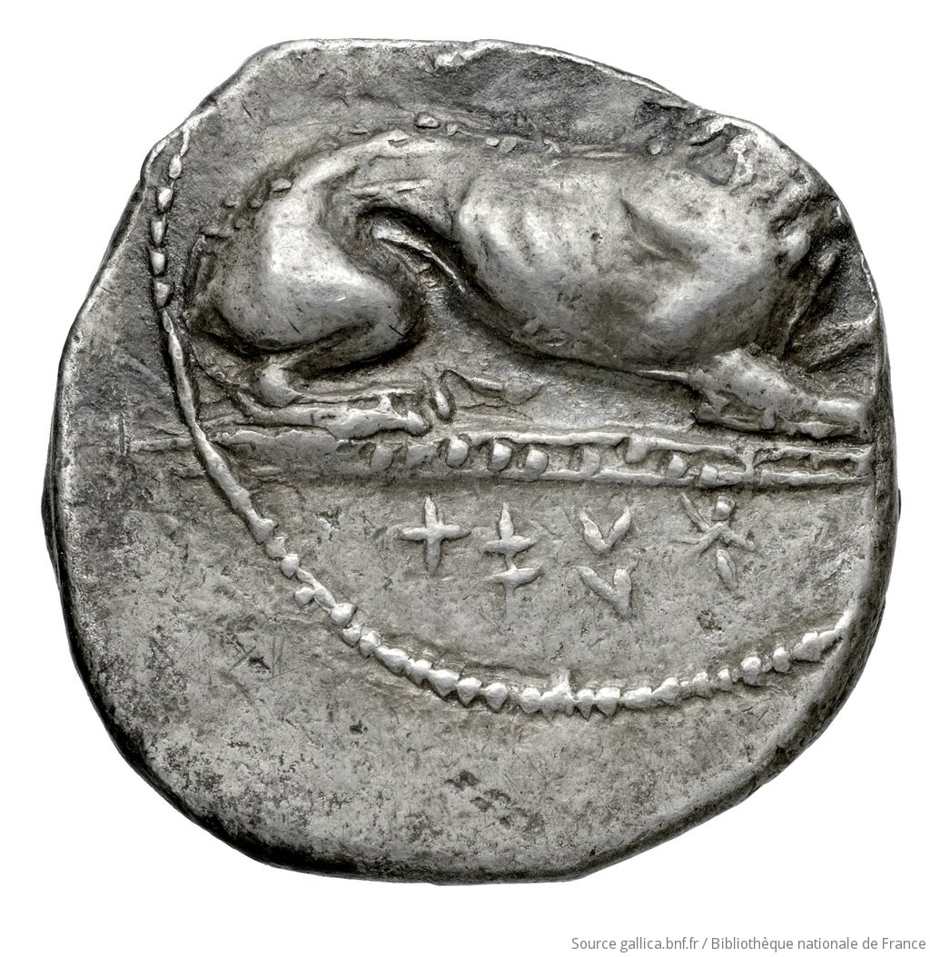 Εμπροσθότυπος 'SilCoinCy A4579, Fonds général, acc.no.: Babelon 736B. Silver coin of king Epipalos of Amathous 370/360 BC - . Weight: 6.55g, Axis: 9h, Diameter: 20mm. Obverse type: Lion lying right, jaws open on double exergual line; above, eagle flying right. Below line: cypriot syllabic inscription. Obverse symbol: -. Obverse legend: e-pi-pa-lo in Cypriot syllabic. Reverse type: Forepart of lion right, jaws open: border of dots.. Reverse symbol: -. Reverse legend: (e)-pi-pa-(lo) in Cypriot syllabic. 'Catalogue des monnaies grecques de la Bibliothèque Nationale: les Perses Achéménides, les satrapes et les dynastes tributaires de leur empire: Cypre et la Phénicie'.