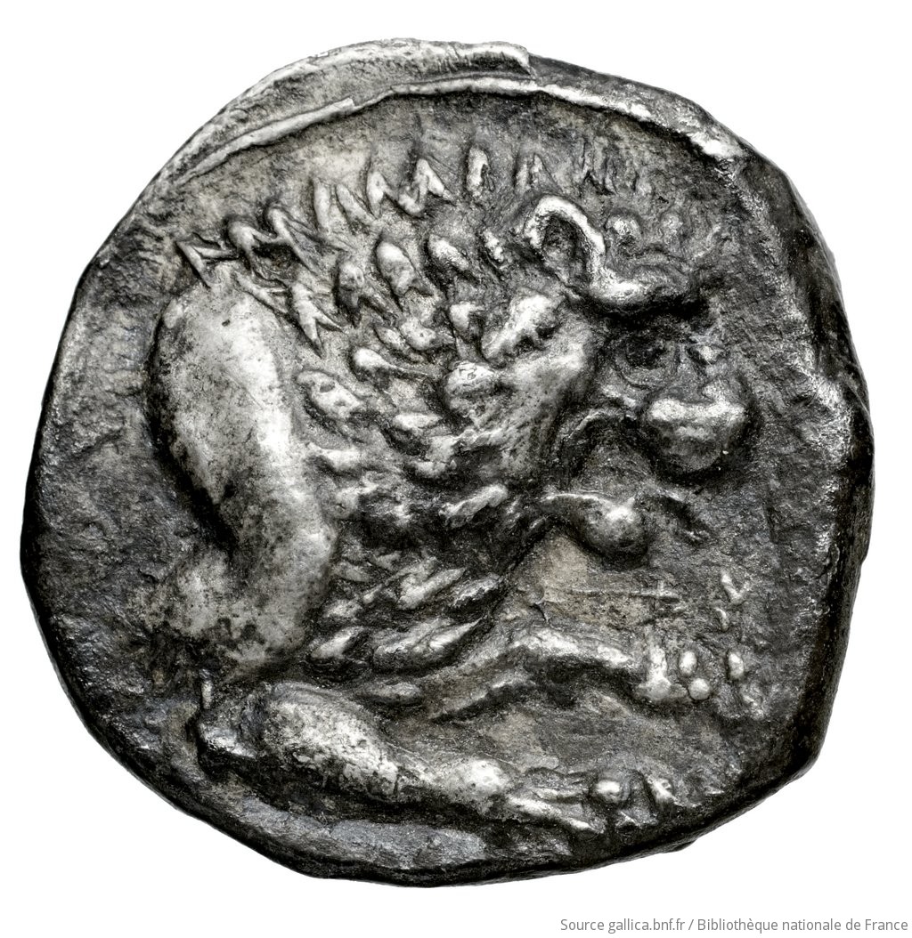 Οπισθότυπος 'SilCoinCy A4579, Fonds général, acc.no.: Babelon 736B. Silver coin of king Epipalos of Amathous 370/360 BC - . Weight: 6.55g, Axis: 9h, Diameter: 20mm. Obverse type: Lion lying right, jaws open on double exergual line; above, eagle flying right. Below line: cypriot syllabic inscription. Obverse symbol: -. Obverse legend: e-pi-pa-lo in Cypriot syllabic. Reverse type: Forepart of lion right, jaws open: border of dots.. Reverse symbol: -. Reverse legend: (e)-pi-pa-(lo) in Cypriot syllabic. 'Catalogue des monnaies grecques de la Bibliothèque Nationale: les Perses Achéménides, les satrapes et les dynastes tributaires de leur empire: Cypre et la Phénicie'.