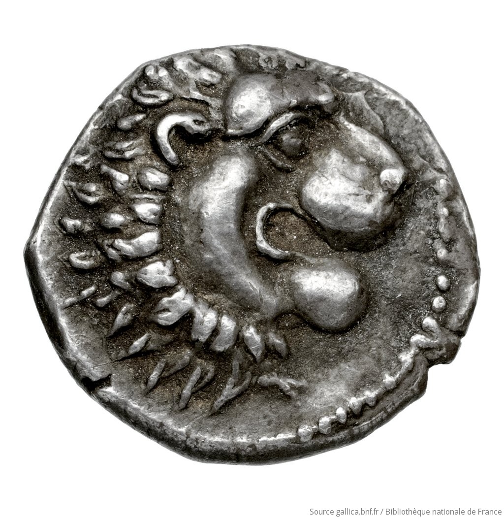 Obverse 'SilCoinCy A4580, Fonds général, acc.no.: Babelon 737. Silver coin of king Wroikos of Amathous 350 ? BC - . Weight: 2.1800000000000002g, Axis: 10h, Diameter: 14mm. Obverse type: Head of lion right, jaws open: border of dots.. Obverse symbol: -. Obverse legend: - in -. Reverse type: Forepart of lion right, head facing, jaws open, truncation dotted; in field right, symbol: linear border; concave field.. Reverse symbol: -. Reverse legend: ro in Cypriot syllabic. 'Catalogue des monnaies grecques de la Bibliothèque Nationale: les Perses Achéménides, les satrapes et les dynastes tributaires de leur empire: Cypre et la Phénicie'.