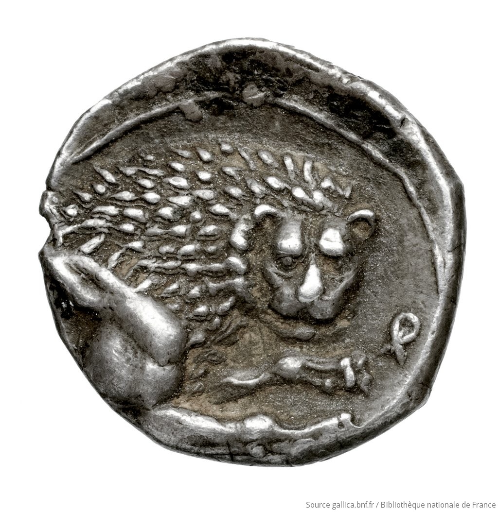 Οπισθότυπος 'SilCoinCy A4580, Fonds général, acc.no.: Babelon 737. Silver coin of king Wroikos of Amathous 350 ? BC - . Weight: 2.1800000000000002g, Axis: 10h, Diameter: 14mm. Obverse type: Head of lion right, jaws open: border of dots.. Obverse symbol: -. Obverse legend: - in -. Reverse type: Forepart of lion right, head facing, jaws open, truncation dotted; in field right, symbol: linear border; concave field.. Reverse symbol: -. Reverse legend: ro in Cypriot syllabic. 'Catalogue des monnaies grecques de la Bibliothèque Nationale: les Perses Achéménides, les satrapes et les dynastes tributaires de leur empire: Cypre et la Phénicie'.
