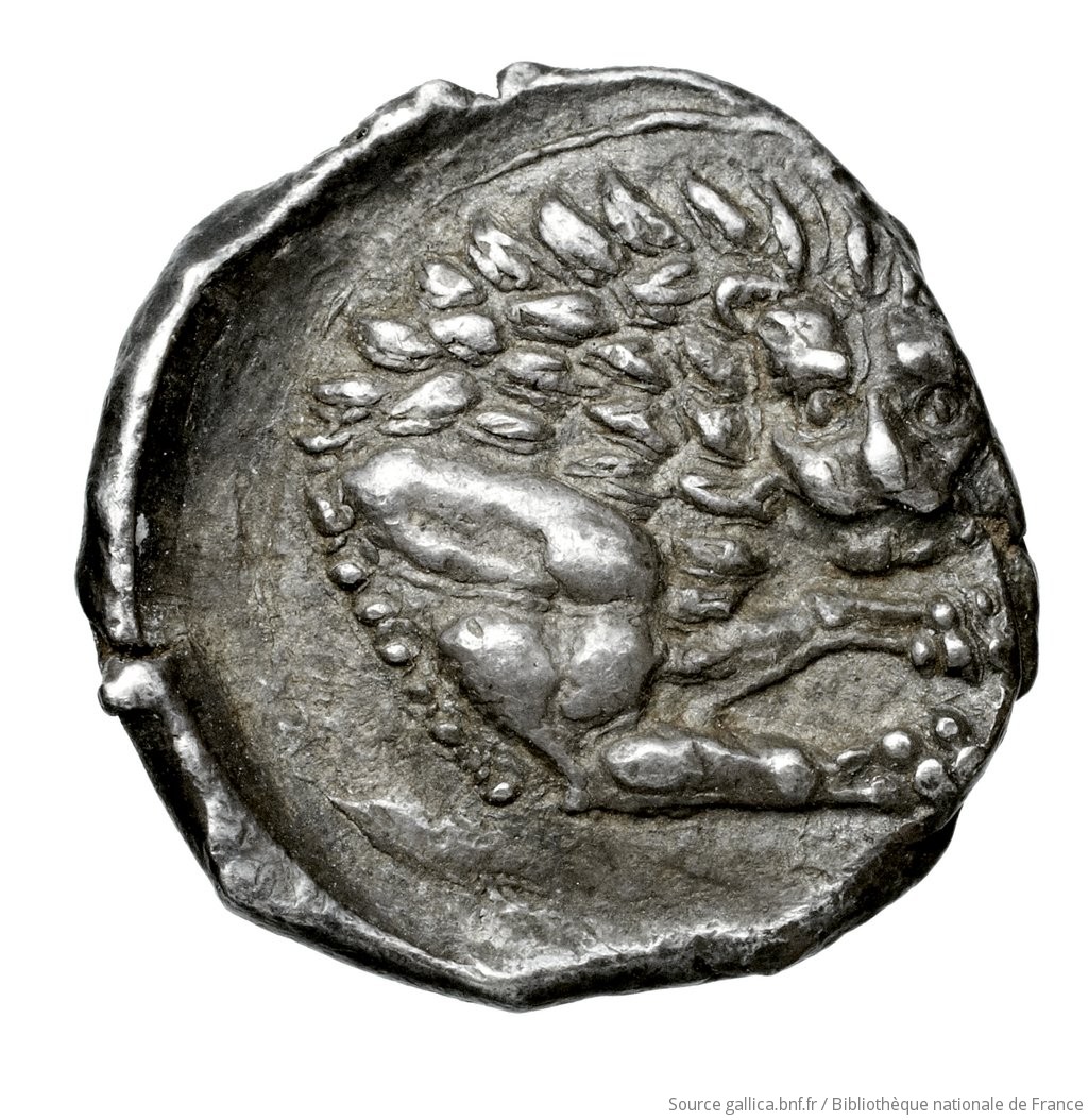 Reverse 'SilCoinCy A4581, Fonds général, acc.no.: Babelon 738. Silver coin of king Wroikos of Amathous 350 ? BC - . Weight: 2.1800000000000002g, Axis: 9h, Diameter: 15mm. Obverse type: Head of lion right, jaws open: border of dots.. Obverse symbol: -. Obverse legend: - in -. Reverse type: Forepart of lion right, head facing, jaws open, truncation dotted; in field right, symbol: linear border; concave field.. Reverse symbol: -. Reverse legend: off flan in Cypriot syllabic. 'Catalogue des monnaies grecques de la Bibliothèque Nationale: les Perses Achéménides, les satrapes et les dynastes tributaires de leur empire: Cypre et la Phénicie'.