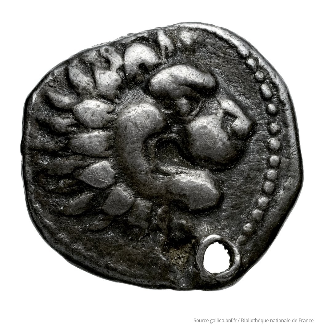 Obverse 'SilCoinCy A4582, Fonds général, acc.no.: Babelon 740. Silver coin of king Wroikos of Amathous 350 ? BC - . Weight: 2.1g, Axis: 12h, Diameter: 13mm. Obverse type: Head of lion right, jaws open: border of dots.. Obverse symbol: -. Obverse legend: - in -. Reverse type: Forepart of lion right, head facing, jaws open, truncation dotted; in field right, symbol: linear border; concave field.. Reverse symbol: -. Reverse legend: ro in Cypriot syllabic. 'Catalogue des monnaies grecques de la Bibliothèque Nationale: les Perses Achéménides, les satrapes et les dynastes tributaires de leur empire: Cypre et la Phénicie'.