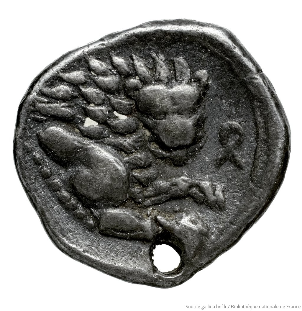 Οπισθότυπος 'SilCoinCy A4582, Fonds général, acc.no.: Babelon 740. Silver coin of king Wroikos of Amathous 350 ? BC - . Weight: 2.1g, Axis: 12h, Diameter: 13mm. Obverse type: Head of lion right, jaws open: border of dots.. Obverse symbol: -. Obverse legend: - in -. Reverse type: Forepart of lion right, head facing, jaws open, truncation dotted; in field right, symbol: linear border; concave field.. Reverse symbol: -. Reverse legend: ro in Cypriot syllabic. 'Catalogue des monnaies grecques de la Bibliothèque Nationale: les Perses Achéménides, les satrapes et les dynastes tributaires de leur empire: Cypre et la Phénicie'.