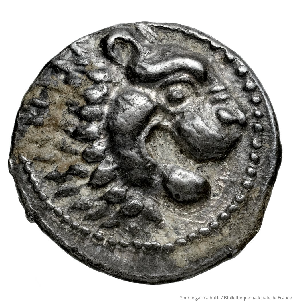 Obverse 'SilCoinCy A4583, Fonds général, acc.no.: Babelon 740A. Silver coin of king Wroikos of Amathous 350 ? BC - . Weight: 2.1800000000000002g, Axis: 9h, Diameter: 14mm. Obverse type: Head of lion right, jaws open: border of dots.. Obverse symbol: -. Obverse legend: - in -. Reverse type: Forepart of lion right, head facing, jaws open, truncation dotted; in field right, symbol: linear border; concave field.. Reverse symbol: ankh. Reverse legend: - in -. 'Catalogue des monnaies grecques de la Bibliothèque Nationale: les Perses Achéménides, les satrapes et les dynastes tributaires de leur empire: Cypre et la Phénicie'.
