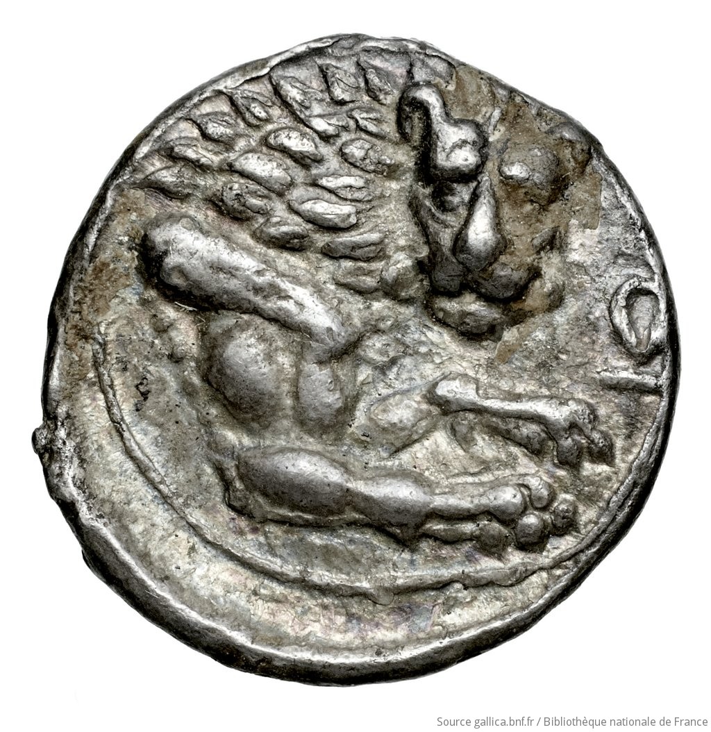 Οπισθότυπος 'SilCoinCy A4583, Fonds général, acc.no.: Babelon 740A. Silver coin of king Wroikos of Amathous 350 ? BC - . Weight: 2.1800000000000002g, Axis: 9h, Diameter: 14mm. Obverse type: Head of lion right, jaws open: border of dots.. Obverse symbol: -. Obverse legend: - in -. Reverse type: Forepart of lion right, head facing, jaws open, truncation dotted; in field right, symbol: linear border; concave field.. Reverse symbol: ankh. Reverse legend: - in -. 'Catalogue des monnaies grecques de la Bibliothèque Nationale: les Perses Achéménides, les satrapes et les dynastes tributaires de leur empire: Cypre et la Phénicie'.