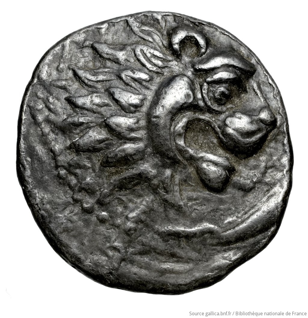 Obverse 'SilCoinCy A4584, Fonds général, acc.no.: Babelon 740B. Silver coin of king Wroikos of Amathous 350 ? BC - . Weight: 2.17g, Axis: 2h, Diameter: 14mm. Obverse type: Head of lion right, jaws open: border of dots.. Obverse symbol: -. Obverse legend: - in -. Reverse type: Forepart of lion right, head facing, jaws open, truncation dotted; in field right, symbol: linear border; concave field.. Reverse symbol: eight ray star. Reverse legend: - in -. 'Catalogue des monnaies grecques de la Bibliothèque Nationale: les Perses Achéménides, les satrapes et les dynastes tributaires de leur empire: Cypre et la Phénicie'.