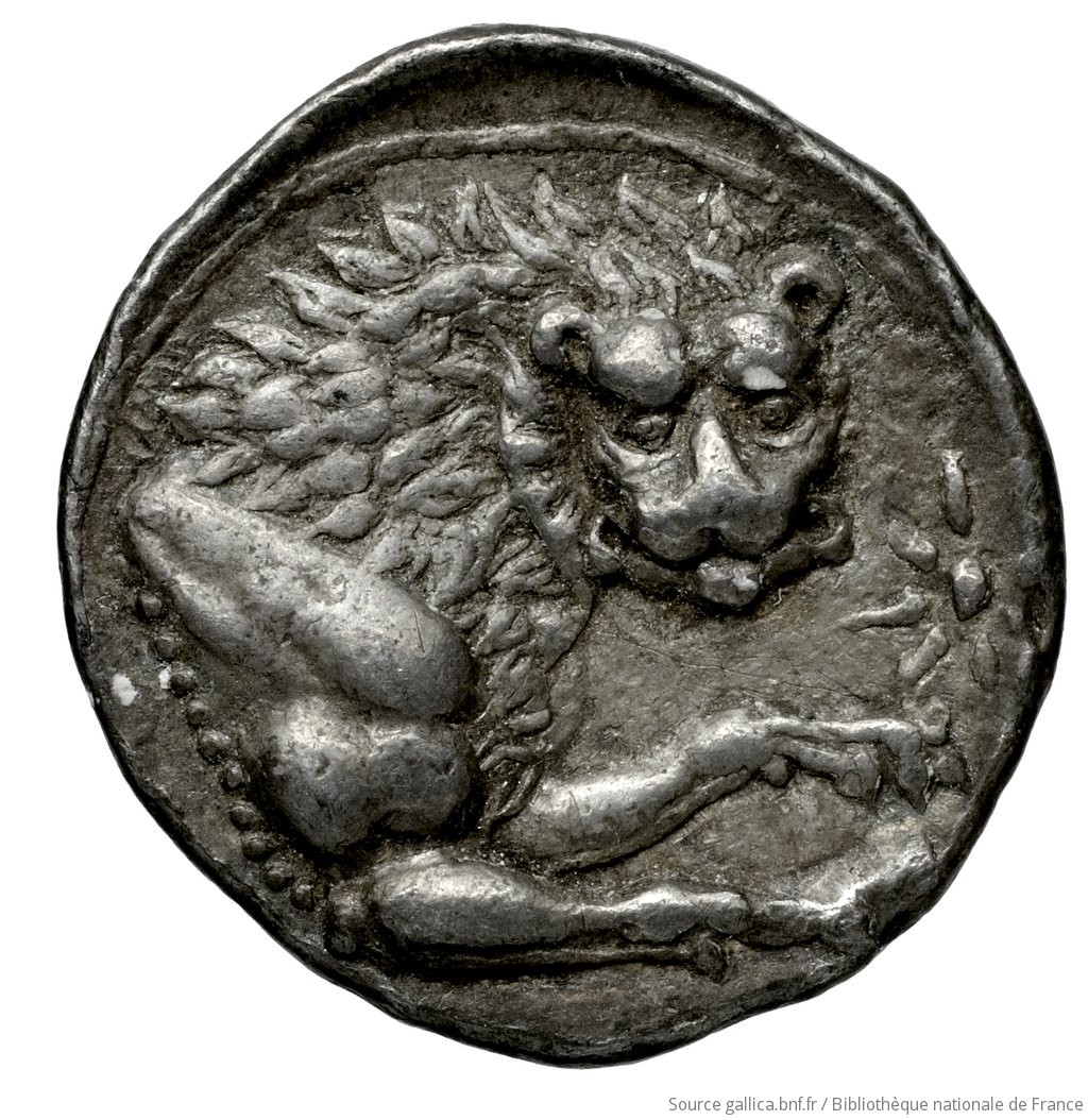 Οπισθότυπος 'SilCoinCy A4584, Fonds général, acc.no.: Babelon 740B. Silver coin of king Wroikos of Amathous 350 ? BC - . Weight: 2.17g, Axis: 2h, Diameter: 14mm. Obverse type: Head of lion right, jaws open: border of dots.. Obverse symbol: -. Obverse legend: - in -. Reverse type: Forepart of lion right, head facing, jaws open, truncation dotted; in field right, symbol: linear border; concave field.. Reverse symbol: eight ray star. Reverse legend: - in -. 'Catalogue des monnaies grecques de la Bibliothèque Nationale: les Perses Achéménides, les satrapes et les dynastes tributaires de leur empire: Cypre et la Phénicie'.
