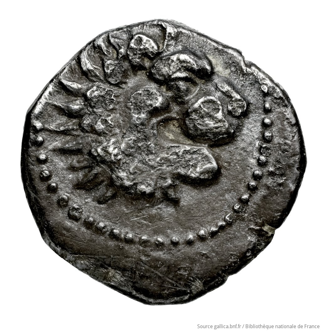 Obverse 'SilCoinCy A4585, Waddington, acc.no.: Waddington 4826. Silver coin of king Wroikos of Amathous 350 ? BC - . Weight: 2.08g, Axis: 2h, Diameter: 15mm. Obverse type: Head of lion right, jaws open: border of dots.. Obverse symbol: -. Obverse legend: - in -. Reverse type: Forepart of lion right, head facing, jaws open, truncation dotted; in field right, symbol: linear border; concave field.. Reverse symbol: -. Reverse legend: ro in Cypriot syllabic. 'Catalogue des monnaies grecques de la Bibliothèque Nationale: les Perses Achéménides, les satrapes et les dynastes tributaires de leur empire: Cypre et la Phénicie'.