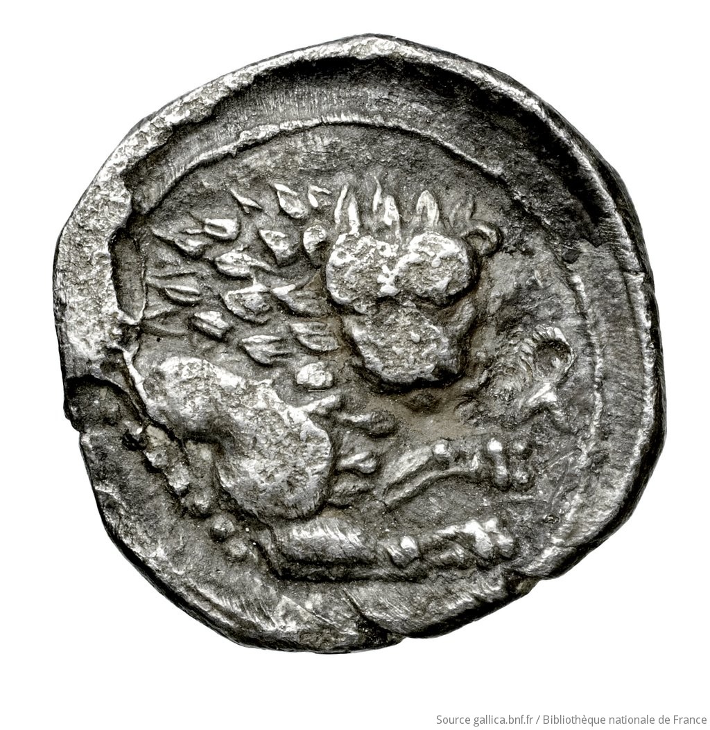 Reverse 'SilCoinCy A4585, Waddington, acc.no.: Waddington 4826. Silver coin of king Wroikos of Amathous 350 ? BC - . Weight: 2.08g, Axis: 2h, Diameter: 15mm. Obverse type: Head of lion right, jaws open: border of dots.. Obverse symbol: -. Obverse legend: - in -. Reverse type: Forepart of lion right, head facing, jaws open, truncation dotted; in field right, symbol: linear border; concave field.. Reverse symbol: -. Reverse legend: ro in Cypriot syllabic. 'Catalogue des monnaies grecques de la Bibliothèque Nationale: les Perses Achéménides, les satrapes et les dynastes tributaires de leur empire: Cypre et la Phénicie'.