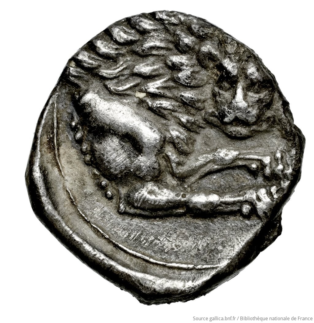 Οπισθότυπος 'SilCoinCy A4586, Waddington, acc.no.: Waddington 4827. Silver coin of king Wroikos of Amathous 350 ? BC - . Weight: 2.2000000000000002g, Axis: 8h, Diameter: 14mm. Obverse type: Head of lion right, jaws open: border of dots.. Obverse symbol: -. Obverse legend: - in -. Reverse type: Forepart of lion right, head facing, jaws open, truncation dotted; in field right, symbol: linear border; concave field.. Reverse symbol: -. Reverse legend: - in -. 'Catalogue des monnaies grecques de la Bibliothèque Nationale: les Perses Achéménides, les satrapes et les dynastes tributaires de leur empire: Cypre et la Phénicie'.