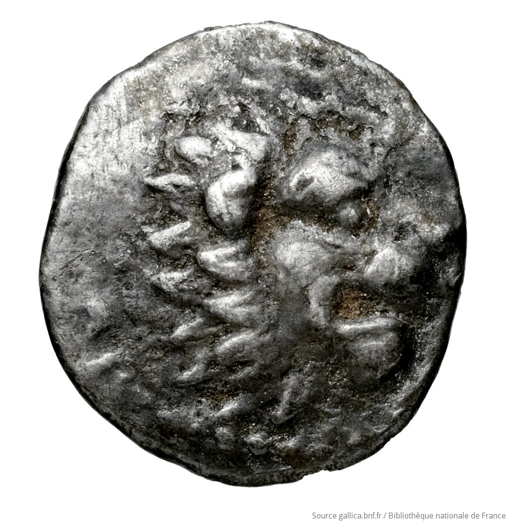 Obverse 'SilCoinCy A4587, Fonds général, acc.no.: Babelon 741. Silver coin of king Wroikos of Amathous 350 ? BC - . Weight: 0.54g, Axis: 1h, Diameter: 11mm. Obverse type: Head of lion right, jaws open: border of dots.. Obverse symbol: -. Obverse legend: - in -. Reverse type: Forepart of lion right, head facing, jaws open, truncation dotted; in field right, symbol: linear border; concave field.. Reverse symbol: -. Reverse legend: - in -. 'Catalogue des monnaies grecques de la Bibliothèque Nationale: les Perses Achéménides, les satrapes et les dynastes tributaires de leur empire: Cypre et la Phénicie'.