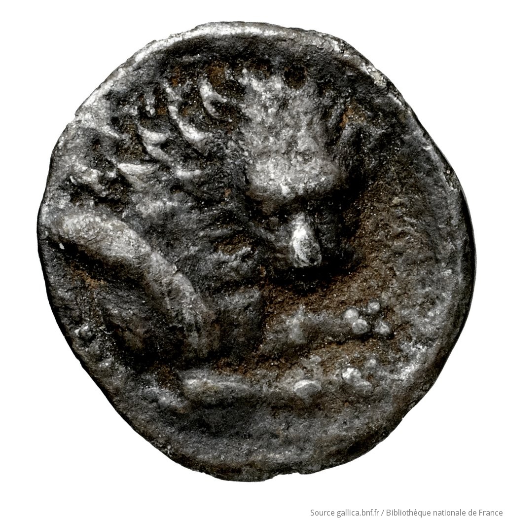 Reverse 'SilCoinCy A4587, Fonds général, acc.no.: Babelon 741. Silver coin of king Wroikos of Amathous 350 ? BC - . Weight: 0.54g, Axis: 1h, Diameter: 11mm. Obverse type: Head of lion right, jaws open: border of dots.. Obverse symbol: -. Obverse legend: - in -. Reverse type: Forepart of lion right, head facing, jaws open, truncation dotted; in field right, symbol: linear border; concave field.. Reverse symbol: -. Reverse legend: - in -. 'Catalogue des monnaies grecques de la Bibliothèque Nationale: les Perses Achéménides, les satrapes et les dynastes tributaires de leur empire: Cypre et la Phénicie'.