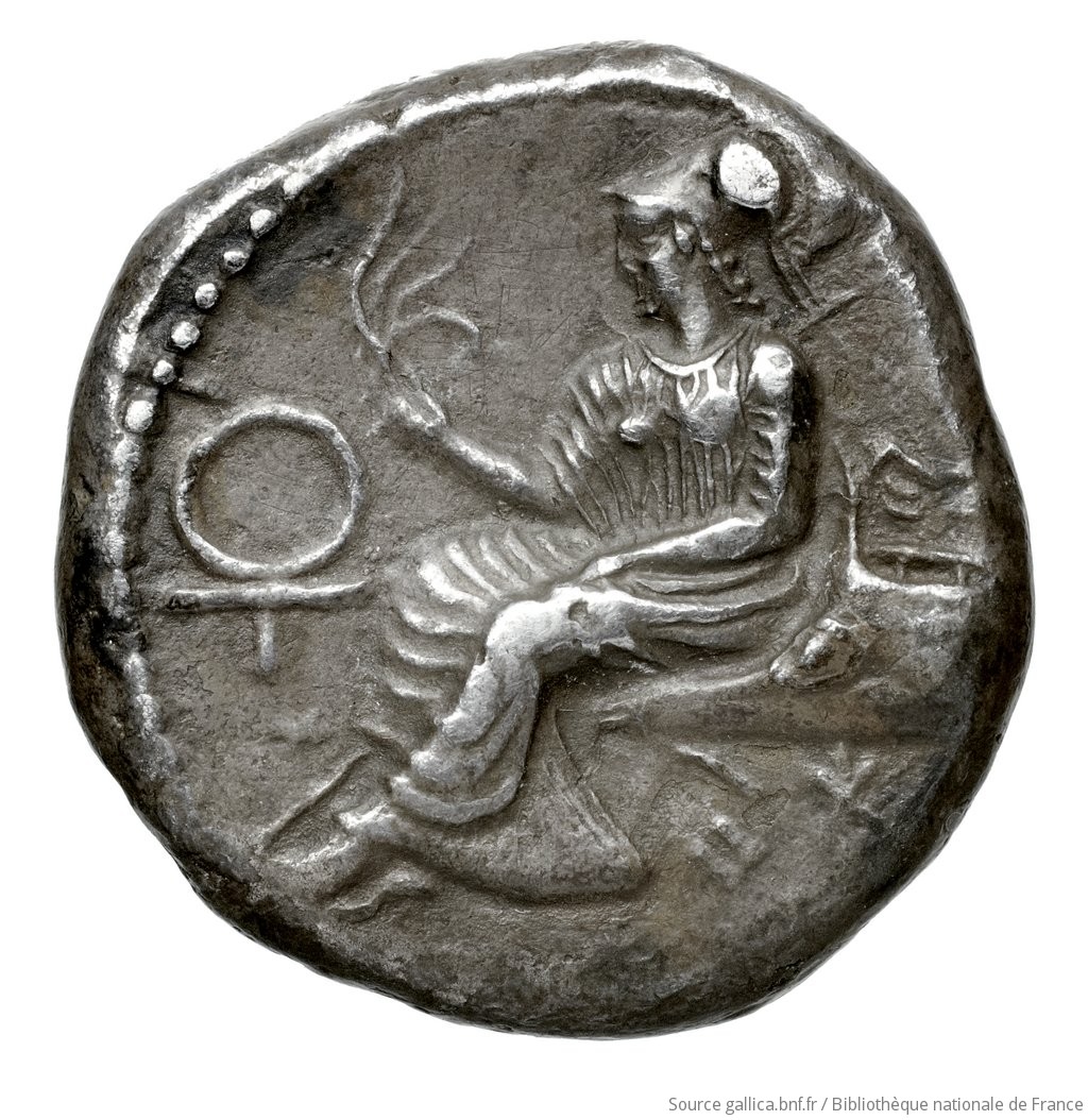 Reverse 'SilCoinCy A4588, Fonds général, acc.no.: Babelon 742. Silver coin of king Ari(-) of Uncertain Cypriot mint -. Weight: 10.81g, Axis: 12h, Diameter: 21mm. Obverse type: Herakles right, nude, strangling lion. Obverse symbol: -. Obverse legend: - in -. Reverse type: Athena, wearing crested Corinthian helmet, aegis (?), long chiton, peplos about her lower limbs, seated left on beak of prow; her left rests on her left knee, in her raised right she holds aphlaston (?); in right, ankh (with dotted ring): border of dots.. Reverse symbol: Ankh. Reverse legend: pa-si / a-ri in Cypriot syllabic. 'Catalogue des monnaies grecques de la Bibliothèque Nationale: les Perses Achéménides, les satrapes et les dynastes tributaires de leur empire: Cypre et la Phénicie'.