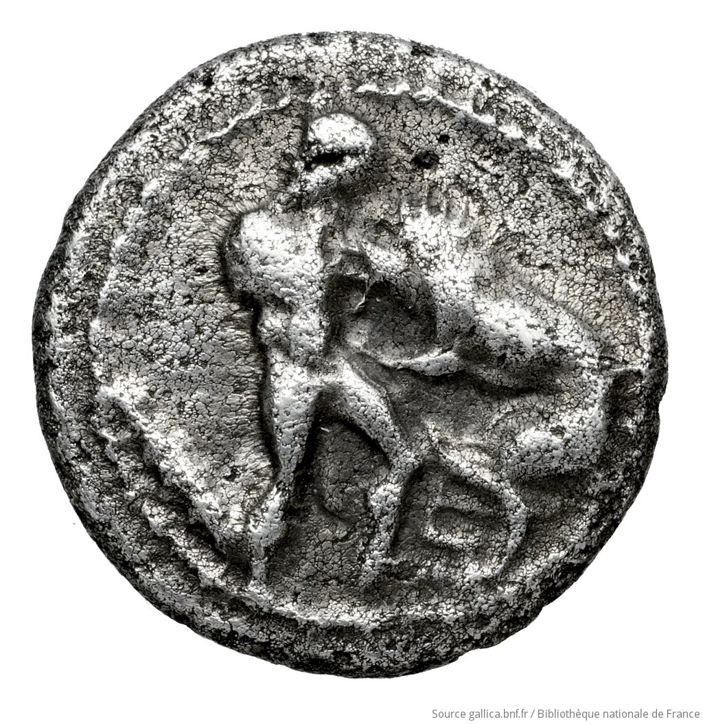 Obverse 'SilCoinCy A4589, Fonds général, acc.no.: . Silver coin of king Ari(-) of Uncertain Cypriot mint -. Weight: 1.78g, Axis: 12h, Diameter: 12mm. Obverse type: Herakles right, nude, strangling lion; behind, club: border of dots.. Obverse symbol: -. Obverse legend: - in -. Reverse type: Athena, wearing crested Corinthian helmet, aegis (?), long chiton, peplos about her lower limbs, seated left on beak of prow; her left rests on her left knee, in her raised right she holds aphlaston (?); in right, ankh (with dotted ring): border of dots.. Reverse symbol: -. Reverse legend: a-ri in Cypriot syllabic. 'Catalogue des monnaies grecques de la Bibliothèque Nationale: les Perses Achéménides, les satrapes et les dynastes tributaires de leur empire: Cypre et la Phénicie'.