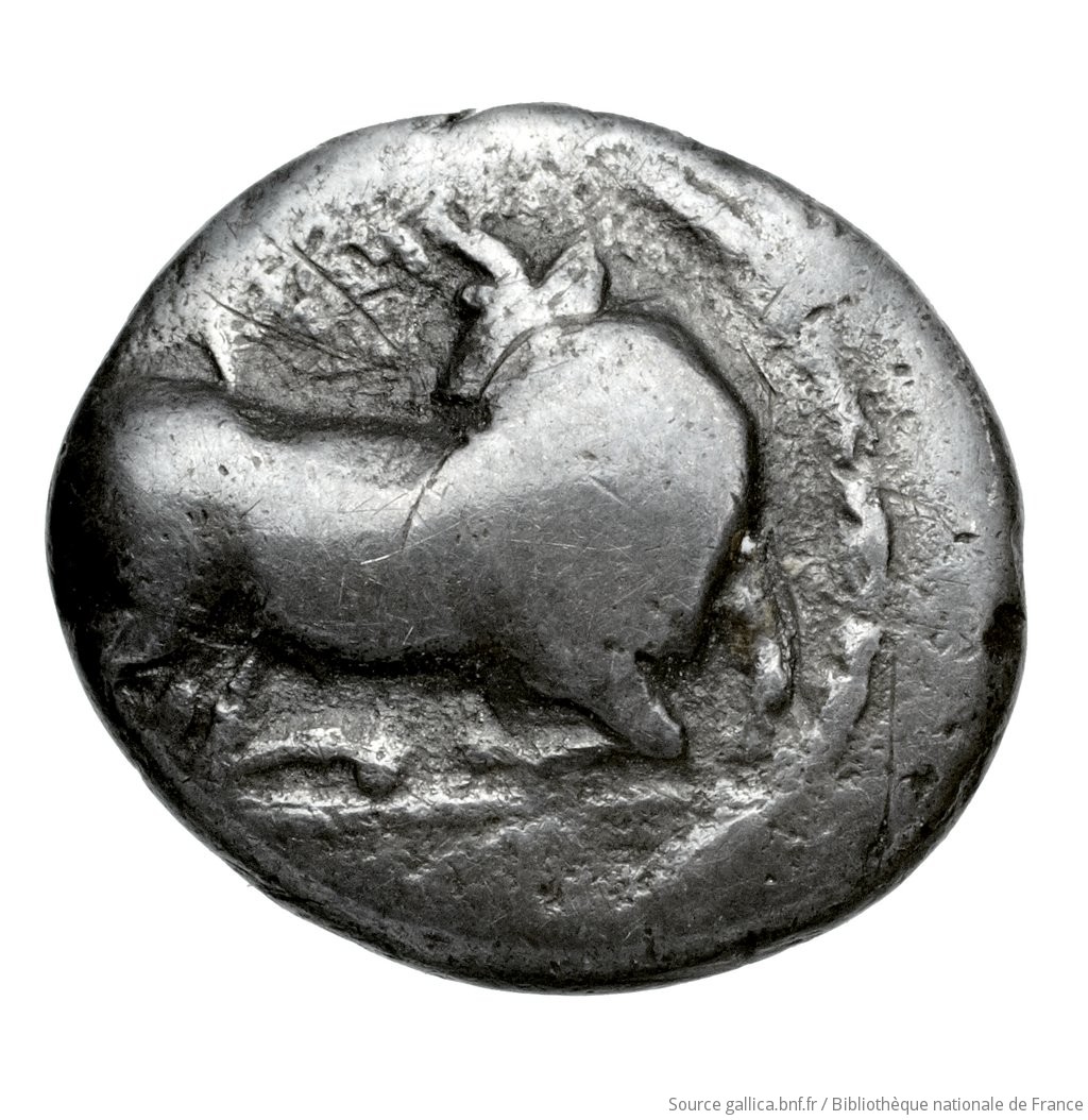 Obverse 'SilCoinCy A4590, Fonds général, acc.no.: Babelon 744. Silver coin of king Uncertain king of Paphos (archaic) of Paphos 525 BC - 480 BC. Weight: 1.72g, Axis: -, Diameter: 13mm. Obverse type: Human-headed bull (the rivergod Bokaros ?) kneeling right on dotted exergual line, head reverted: border of dots.. Obverse symbol: -. Obverse legend: - in -. Reverse type: Astragalos ; dotted incuse circle. Reverse symbol: -. Reverse legend: - in -. 'Catalogue des monnaies grecques de la Bibliothèque Nationale: les Perses Achéménides, les satrapes et les dynastes tributaires de leur empire: Cypre et la Phénicie'.