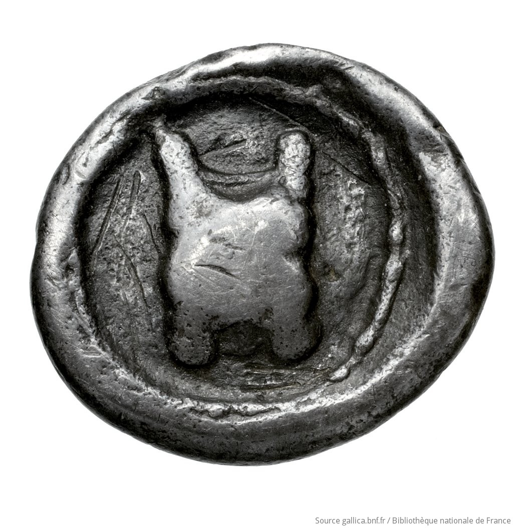 Reverse 'SilCoinCy A4590, Fonds général, acc.no.: Babelon 744. Silver coin of king Uncertain king of Paphos (archaic) of Paphos 525 BC - 480 BC. Weight: 1.72g, Axis: -, Diameter: 13mm. Obverse type: Human-headed bull (the rivergod Bokaros ?) kneeling right on dotted exergual line, head reverted: border of dots.. Obverse symbol: -. Obverse legend: - in -. Reverse type: Astragalos ; dotted incuse circle. Reverse symbol: -. Reverse legend: - in -. 'Catalogue des monnaies grecques de la Bibliothèque Nationale: les Perses Achéménides, les satrapes et les dynastes tributaires de leur empire: Cypre et la Phénicie'.