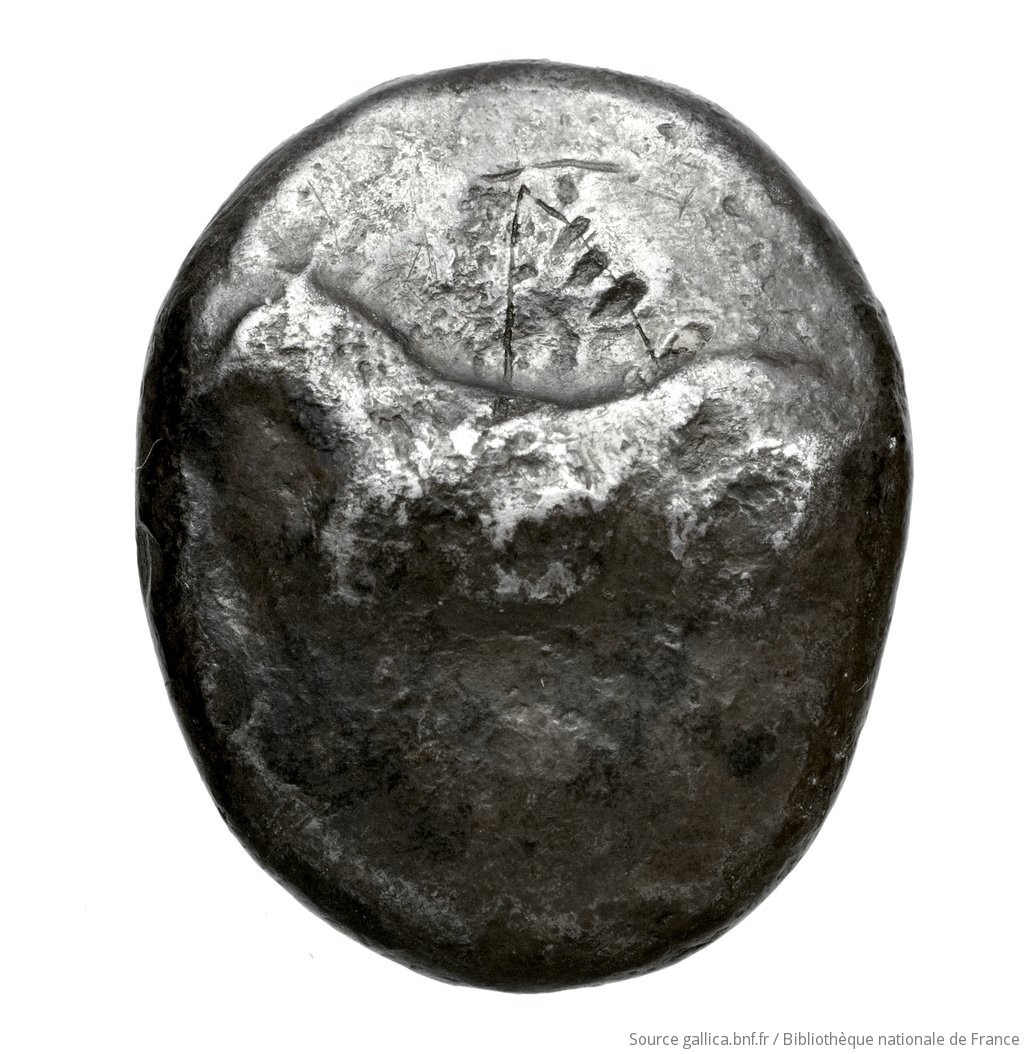 Obverse 'SilCoinCy A4591, Fonds général, acc.no.: Babelon 745. Silver coin of king A (-) of Paphos 500 - 480 BC. Weight: 10.95g, Axis: 12h, Diameter: 22mm. Obverse type: Bull standing left. Obverse symbol: -. Obverse legend: - in -. Reverse type: Eagle's head right; in upper left-hand corner, palmette within joined spirals; below, guilloche pattern: the whole in dotted incuse square.. Reverse symbol: -. Reverse legend: - in -. 'Catalogue des monnaies grecques de la Bibliothèque Nationale: les Perses Achéménides, les satrapes et les dynastes tributaires de leur empire: Cypre et la Phénicie'.