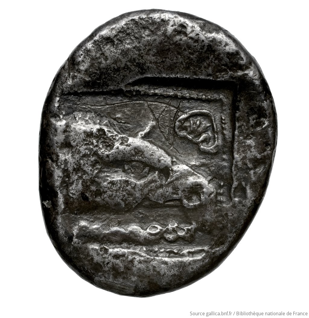 Οπισθότυπος 'SilCoinCy A4591, Fonds général, acc.no.: Babelon 745. Silver coin of king A (-) of Paphos 500 - 480 BC. Weight: 10.95g, Axis: 12h, Diameter: 22mm. Obverse type: Bull standing left. Obverse symbol: -. Obverse legend: - in -. Reverse type: Eagle's head right; in upper left-hand corner, palmette within joined spirals; below, guilloche pattern: the whole in dotted incuse square.. Reverse symbol: -. Reverse legend: - in -. 'Catalogue des monnaies grecques de la Bibliothèque Nationale: les Perses Achéménides, les satrapes et les dynastes tributaires de leur empire: Cypre et la Phénicie'.