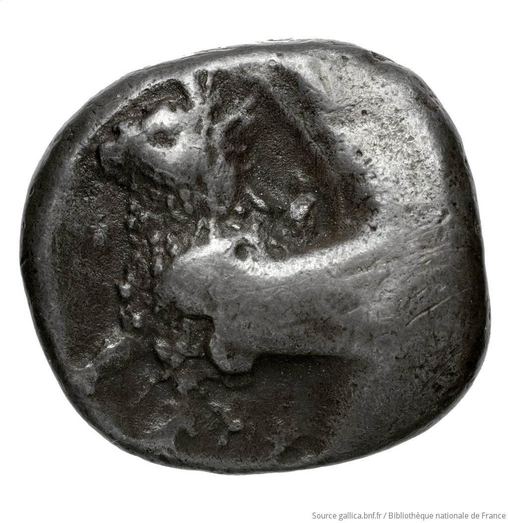 Obverse 'SilCoinCy A4592, Waddington, acc.no.: Babelon 745A. Silver coin of king Uncertain king of Paphos (archaic) of Paphos 525 BC - 480 BC. Weight: 11.05g, Axis: 12h, Diameter: 20mm. Obverse type: Bull standing left. Obverse symbol: -. Obverse legend: - in -. Reverse type: Eagle's head left; in upper left-hand corner, palmette within joined spirals; below, guilloche pattern: the whole in dotted incuse square.. Reverse symbol: -. Reverse legend: - in -. 'Catalogue des monnaies grecques de la Bibliothèque Nationale: les Perses Achéménides, les satrapes et les dynastes tributaires de leur empire: Cypre et la Phénicie', 'Inventaire de la Collection Waddington'.