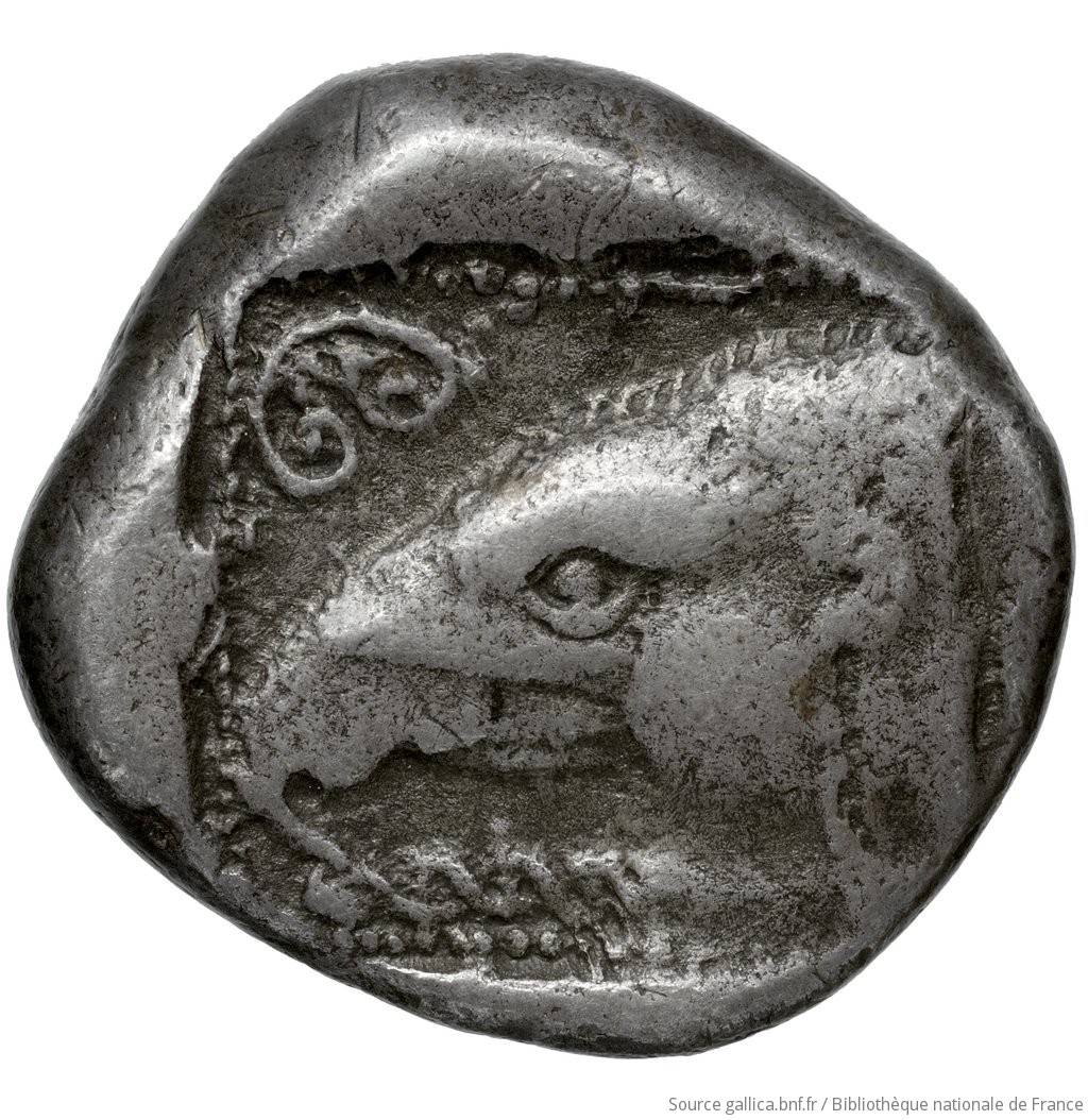 Reverse 'SilCoinCy A4592, Waddington, acc.no.: Babelon 745A. Silver coin of king Uncertain king of Paphos (archaic) of Paphos 525 BC - 480 BC. Weight: 11.05g, Axis: 12h, Diameter: 20mm. Obverse type: Bull standing left. Obverse symbol: -. Obverse legend: - in -. Reverse type: Eagle's head left; in upper left-hand corner, palmette within joined spirals; below, guilloche pattern: the whole in dotted incuse square.. Reverse symbol: -. Reverse legend: - in -. 'Catalogue des monnaies grecques de la Bibliothèque Nationale: les Perses Achéménides, les satrapes et les dynastes tributaires de leur empire: Cypre et la Phénicie', 'Inventaire de la Collection Waddington'.