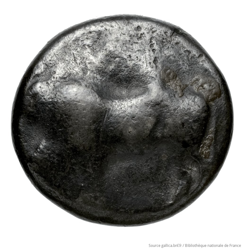 Obverse 'SilCoinCy A4593, Fonds général, acc.no.: Babelon 745B. Silver coin of king Uncertain king of Paphos (archaic) of Paphos 525 BC - 480 BC. Weight: 3.59g, Axis: 3h, Diameter: 14mm. Obverse type: Bull standing left. Obverse symbol: -. Obverse legend: - in -. Reverse type: Eagle's head left; in upper left-hand corner, palmette within joined spirals; below, guilloche pattern: the whole in dotted incuse square.. Reverse symbol: -. Reverse legend: - in -. 'Catalogue des monnaies grecques de la Bibliothèque Nationale: les Perses Achéménides, les satrapes et les dynastes tributaires de leur empire: Cypre et la Phénicie'.