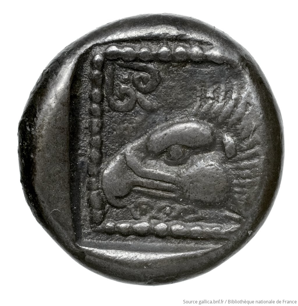 Οπισθότυπος 'SilCoinCy A4593, Fonds général, acc.no.: Babelon 745B. Silver coin of king Uncertain king of Paphos (archaic) of Paphos 525 BC - 480 BC. Weight: 3.59g, Axis: 3h, Diameter: 14mm. Obverse type: Bull standing left. Obverse symbol: -. Obverse legend: - in -. Reverse type: Eagle's head left; in upper left-hand corner, palmette within joined spirals; below, guilloche pattern: the whole in dotted incuse square.. Reverse symbol: -. Reverse legend: - in -. 'Catalogue des monnaies grecques de la Bibliothèque Nationale: les Perses Achéménides, les satrapes et les dynastes tributaires de leur empire: Cypre et la Phénicie'.