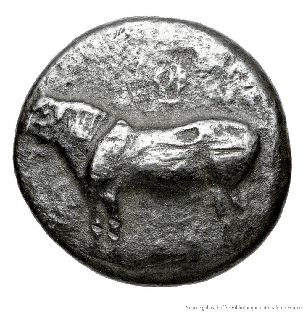 Obverse 'SilCoinCy A4594, Fonds général, acc.no.: Babelon 746. Silver coin of king Pny (-) of Paphos 500 - 480 BC. Weight: 1.42g, Axis: 12h, Diameter: 11mm. Obverse type: Bull standing left. Obverse symbol: -. Obverse legend: pu in Cypriot syllabic. Reverse type: Eagle's head left; in upper left-hand corner, palmette within joined spirals; below, guilloche pattern: the whole in dotted incuse square.. Reverse symbol: -. Reverse legend: - in -. 'Catalogue des monnaies grecques de la Bibliothèque Nationale: les Perses Achéménides, les satrapes et les dynastes tributaires de leur empire: Cypre et la Phénicie'.