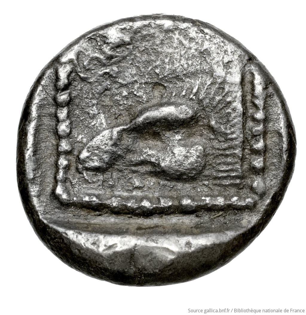 Reverse 'SilCoinCy A4594, Fonds général, acc.no.: Babelon 746. Silver coin of king Pny (-) of Paphos 500 - 480 BC. Weight: 1.42g, Axis: 12h, Diameter: 11mm. Obverse type: Bull standing left. Obverse symbol: -. Obverse legend: pu in Cypriot syllabic. Reverse type: Eagle's head left; in upper left-hand corner, palmette within joined spirals; below, guilloche pattern: the whole in dotted incuse square.. Reverse symbol: -. Reverse legend: - in -. 'Catalogue des monnaies grecques de la Bibliothèque Nationale: les Perses Achéménides, les satrapes et les dynastes tributaires de leur empire: Cypre et la Phénicie'.