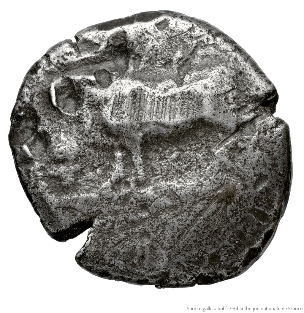Obverse 'SilCoinCy A4595, Fonds général, acc.no.: Babelon 749. Silver coin of king Stasandros of Paphos 460 - ?. Weight: 10.18g, Axis: 7h, Diameter: 24mm. Obverse type: Bull standing left; above, winged solar disk: border of dots.. Obverse symbol: -. Obverse legend: - in -. Reverse type: Eagle standing left; at its feet, left, ankh; to left above, olive spray: incuse square.. Reverse symbol: -. Reverse legend: sa-ta-sa-to-ro / pa-si in Cypriot syllabic. 'Catalogue des monnaies grecques de la Bibliothèque Nationale: les Perses Achéménides, les satrapes et les dynastes tributaires de leur empire: Cypre et la Phénicie'.