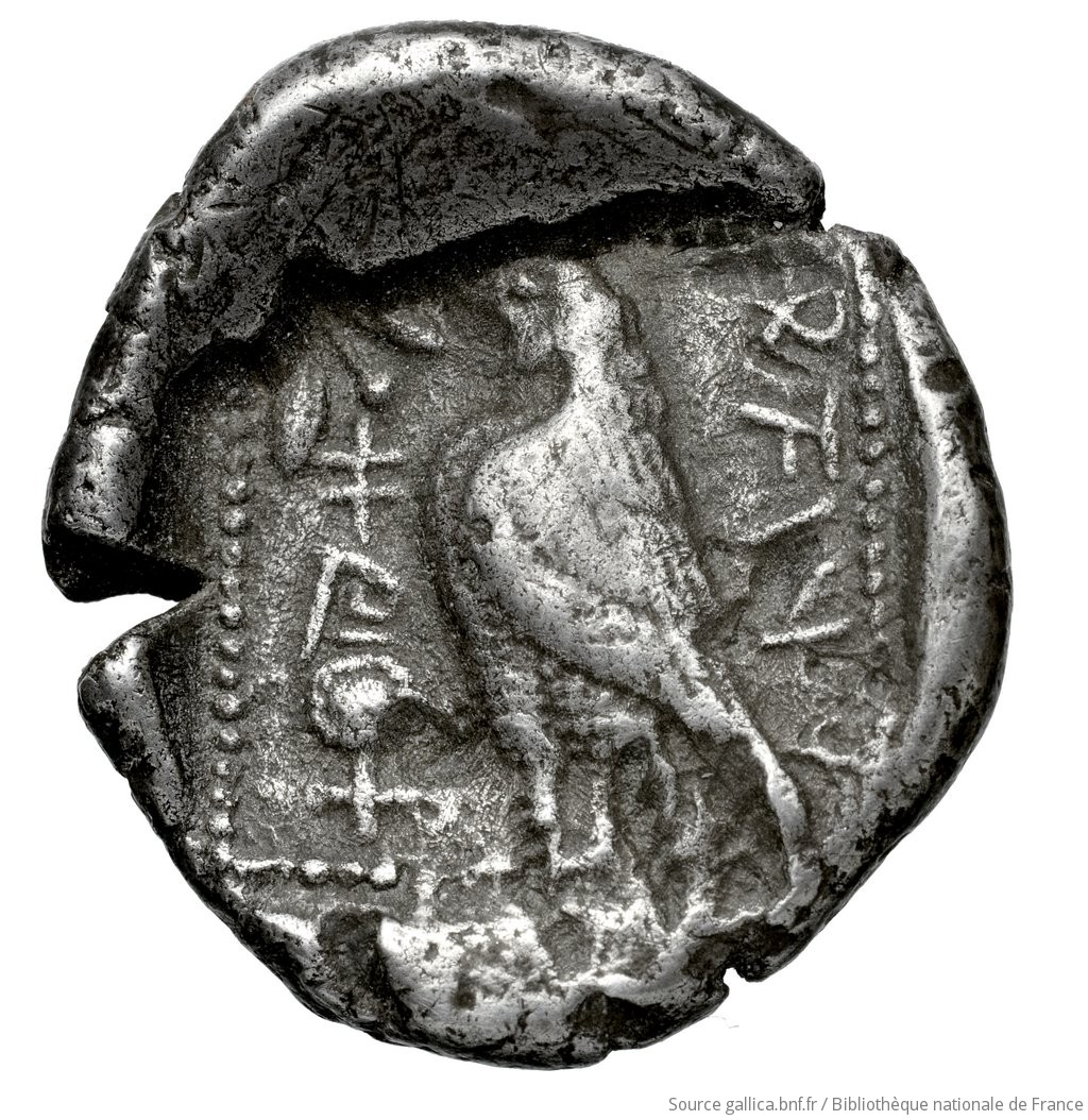 Reverse 'SilCoinCy A4595, Fonds général, acc.no.: Babelon 749. Silver coin of king Stasandros of Paphos 460 - ?. Weight: 10.18g, Axis: 7h, Diameter: 24mm. Obverse type: Bull standing left; above, winged solar disk: border of dots.. Obverse symbol: -. Obverse legend: - in -. Reverse type: Eagle standing left; at its feet, left, ankh; to left above, olive spray: incuse square.. Reverse symbol: -. Reverse legend: sa-ta-sa-to-ro / pa-si in Cypriot syllabic. 'Catalogue des monnaies grecques de la Bibliothèque Nationale: les Perses Achéménides, les satrapes et les dynastes tributaires de leur empire: Cypre et la Phénicie'.