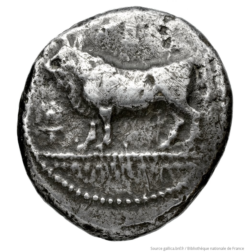 Obverse 'SilCoinCy A4596, Waddington, acc.no.: Babelon 749A. Silver coin of king Stasandros of Paphos 460 - ?. Weight: 10.62g, Axis: 5h, Diameter: 25mm. Obverse type: Bull standing left; before, ankh; above, winged solar disk: border of dots.. Obverse symbol: -. Obverse legend: - in -. Reverse type: Eagle standing left; at its feet, left, ankh: dotted incuse square.. Reverse symbol: -. Reverse legend: sa-ta-sa-to / pa-si in Cypriot syllabic. 'Catalogue des monnaies grecques de la Bibliothèque Nationale: les Perses Achéménides, les satrapes et les dynastes tributaires de leur empire: Cypre et la Phénicie', 'Inventaire de la Collection Waddington'.