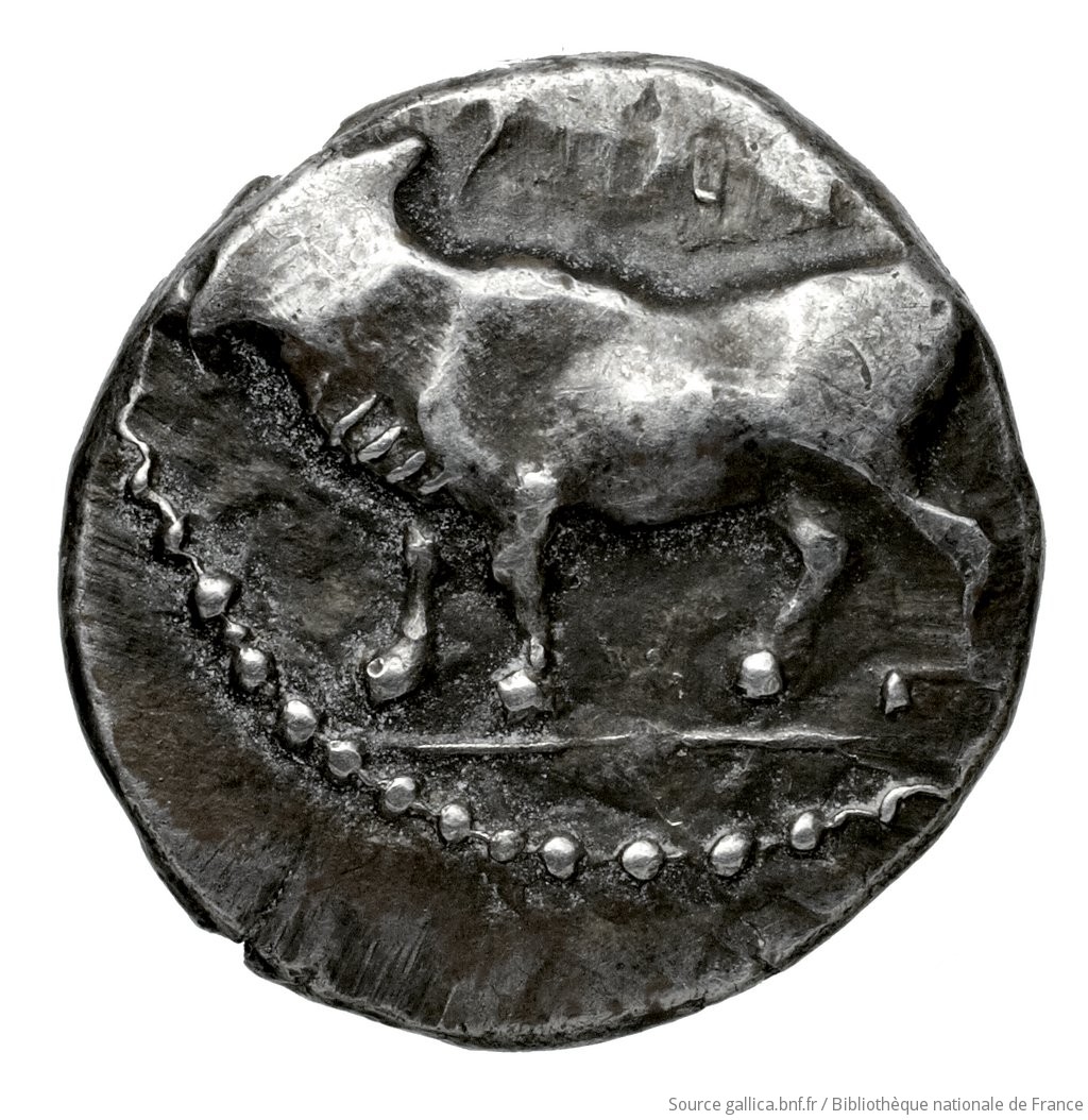 Obverse 'SilCoinCy A4597, Fonds général, acc.no.: Babelon 751. Silver coin of king Stasandros of Paphos 460 - ?. Weight: 1.74g, Axis: 3h, Diameter: 13mm. Obverse type: Bull standing left on exergual line; above, winged solar disk: border of dots.. Obverse symbol: -. Obverse legend: - in -. Reverse type: Eagle standing left; at its feet, left, one-handled vase; to right above, ivy-leaf: incuse square.. Reverse symbol: -. Reverse legend: - in -. 'Catalogue des monnaies grecques de la Bibliothèque Nationale: les Perses Achéménides, les satrapes et les dynastes tributaires de leur empire: Cypre et la Phénicie'.
