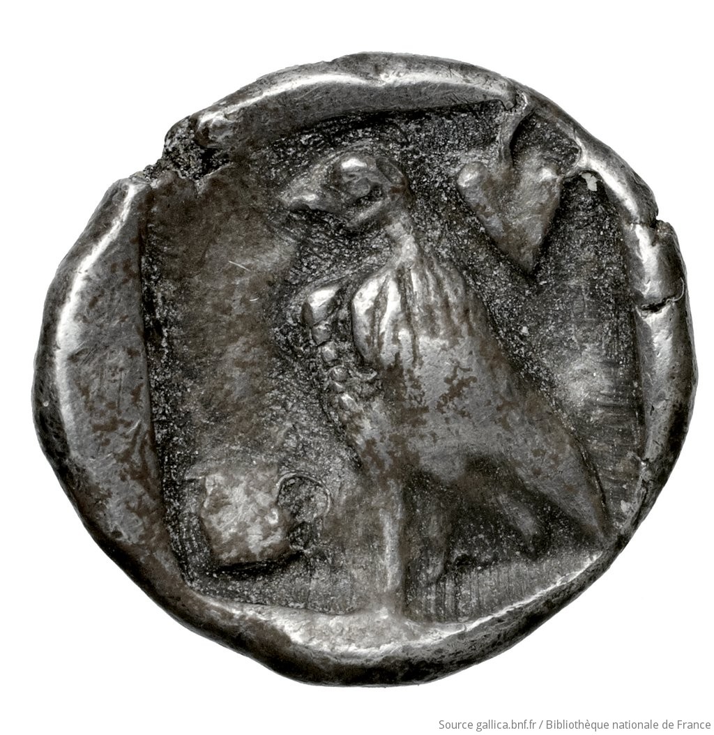 Reverse 'SilCoinCy A4597, Fonds général, acc.no.: Babelon 751. Silver coin of king Stasandros of Paphos 460 - ?. Weight: 1.74g, Axis: 3h, Diameter: 13mm. Obverse type: Bull standing left on exergual line; above, winged solar disk: border of dots.. Obverse symbol: -. Obverse legend: - in -. Reverse type: Eagle standing left; at its feet, left, one-handled vase; to right above, ivy-leaf: incuse square.. Reverse symbol: -. Reverse legend: - in -. 'Catalogue des monnaies grecques de la Bibliothèque Nationale: les Perses Achéménides, les satrapes et les dynastes tributaires de leur empire: Cypre et la Phénicie'.