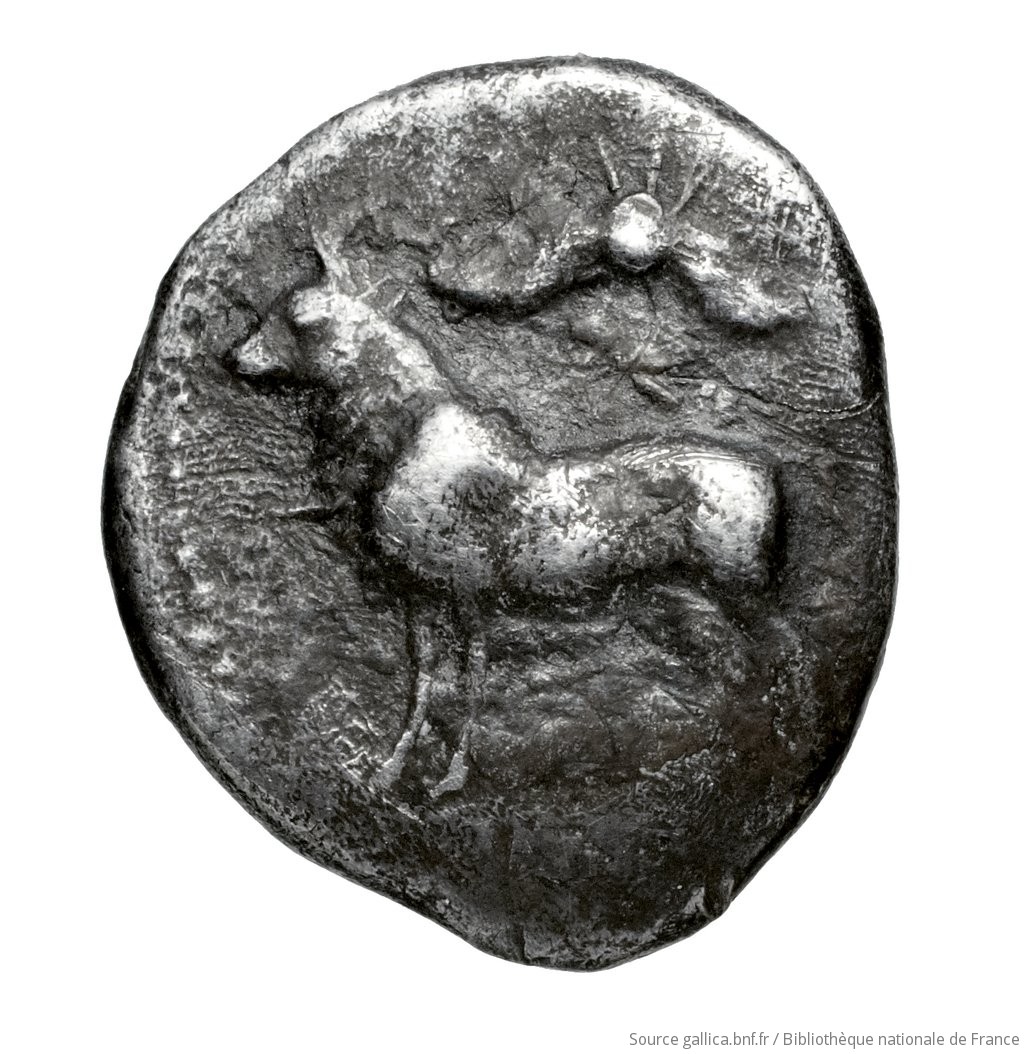 Obverse 'SilCoinCy A4598, Fonds général, acc.no.: Babelon 752. Silver coin of king Stasandros of Paphos 460 - ?. Weight: 1.35g, Axis: 9h, Diameter: 13mm. Obverse type: Bull standing left ; above, winged solar disk: border of dots.. Obverse symbol: -. Obverse legend: - in -. Reverse type: Eagle standing left; at its feet, ankh: dotted incuse square.. Reverse symbol: -. Reverse legend: - in -. 'Catalogue des monnaies grecques de la Bibliothèque Nationale: les Perses Achéménides, les satrapes et les dynastes tributaires de leur empire: Cypre et la Phénicie'.