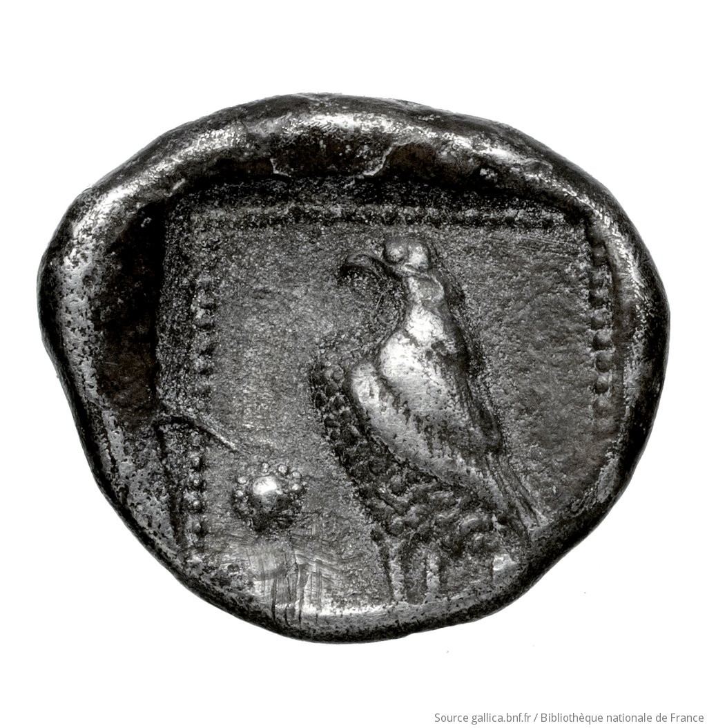 Οπισθότυπος 'SilCoinCy A4598, Fonds général, acc.no.: Babelon 752. Silver coin of king Stasandros of Paphos 460 - ?. Weight: 1.35g, Axis: 9h, Diameter: 13mm. Obverse type: Bull standing left ; above, winged solar disk: border of dots.. Obverse symbol: -. Obverse legend: - in -. Reverse type: Eagle standing left; at its feet, ankh: dotted incuse square.. Reverse symbol: -. Reverse legend: - in -. 'Catalogue des monnaies grecques de la Bibliothèque Nationale: les Perses Achéménides, les satrapes et les dynastes tributaires de leur empire: Cypre et la Phénicie'.