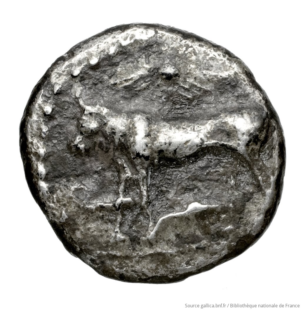 Obverse 'SilCoinCy A4599, Fonds général, acc.no.: Babelon 752A. Silver coin of king Stasandros of Paphos 460 - ?. Weight: 1.26g, Axis: 10h, Diameter: 11mm. Obverse type: Bull standing left on exergual line; above, winged solar disk: border of dots.. Obverse symbol: -. Obverse legend: - in -. Reverse type: Eagle standing left; to right, olive-spray with two leaves and three berries: the whole in incuse square.. Reverse symbol: -. Reverse legend: pa-sa in Cypriot syllabic. 'Catalogue des monnaies grecques de la Bibliothèque Nationale: les Perses Achéménides, les satrapes et les dynastes tributaires de leur empire: Cypre et la Phénicie'.
