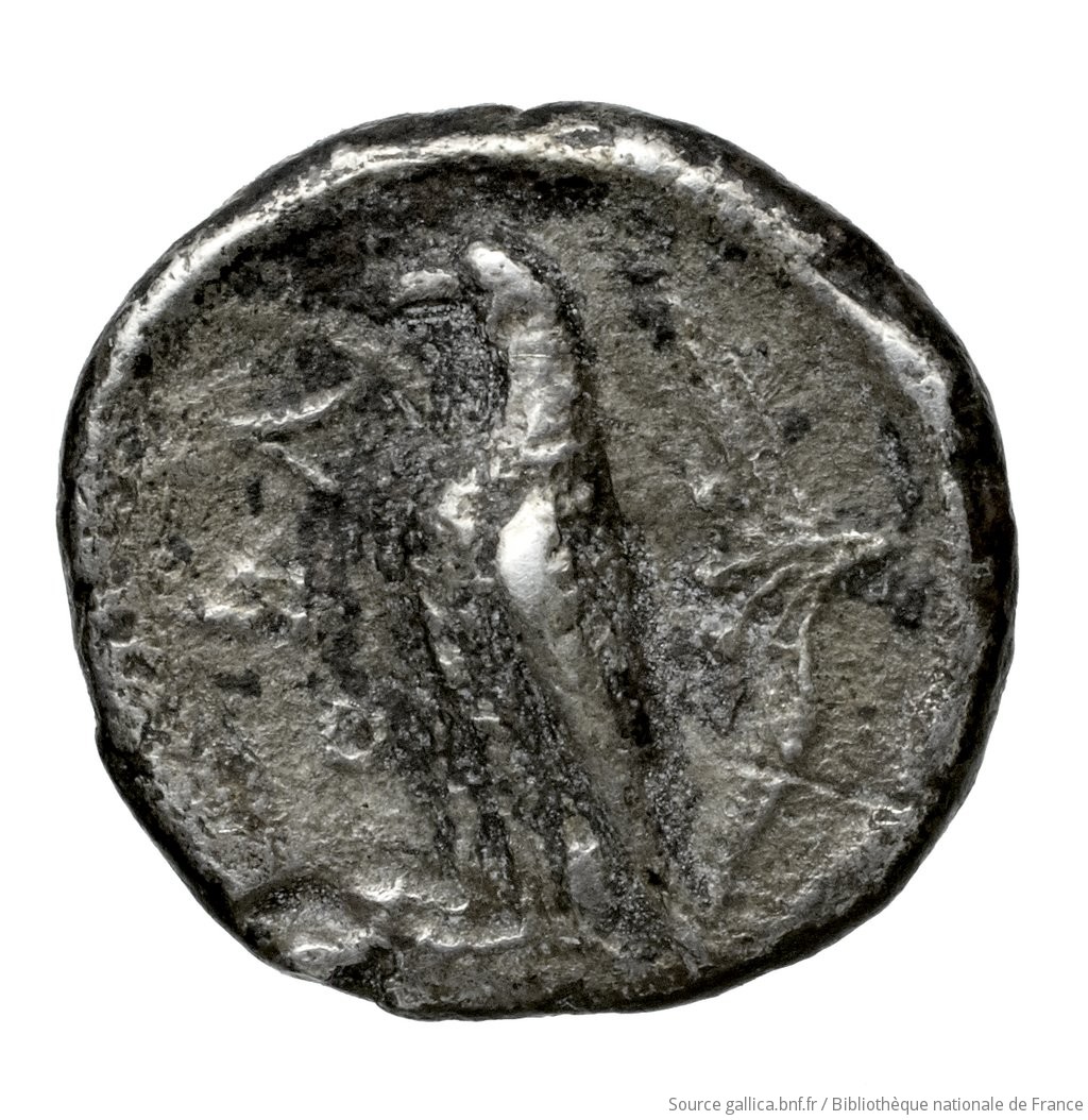 Reverse 'SilCoinCy A4599, Fonds général, acc.no.: Babelon 752A. Silver coin of king Stasandros of Paphos 460 - ?. Weight: 1.26g, Axis: 10h, Diameter: 11mm. Obverse type: Bull standing left on exergual line; above, winged solar disk: border of dots.. Obverse symbol: -. Obverse legend: - in -. Reverse type: Eagle standing left; to right, olive-spray with two leaves and three berries: the whole in incuse square.. Reverse symbol: -. Reverse legend: pa-sa in Cypriot syllabic. 'Catalogue des monnaies grecques de la Bibliothèque Nationale: les Perses Achéménides, les satrapes et les dynastes tributaires de leur empire: Cypre et la Phénicie'.