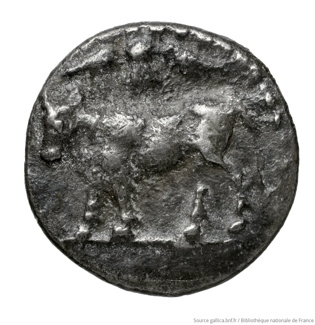 Obverse 'SilCoinCy A4600, Fonds général, acc.no.: Babelon 752B. Silver coin of king Stasandros of Paphos 460 - ?. Weight: 0.66g, Axis: 11h, Diameter: 10mm. Obverse type: Bull standing left on exergual line; above, winged solar disk: border of dots.. Obverse symbol: -. Obverse legend: - in -. Reverse type: Eagle standing left; at its feet, left, ankh; to left above, olive spray: incuse square.. Reverse symbol: -. Reverse legend: pa-sa in Cypriot syllabic. 'Catalogue des monnaies grecques de la Bibliothèque Nationale: les Perses Achéménides, les satrapes et les dynastes tributaires de leur empire: Cypre et la Phénicie'.